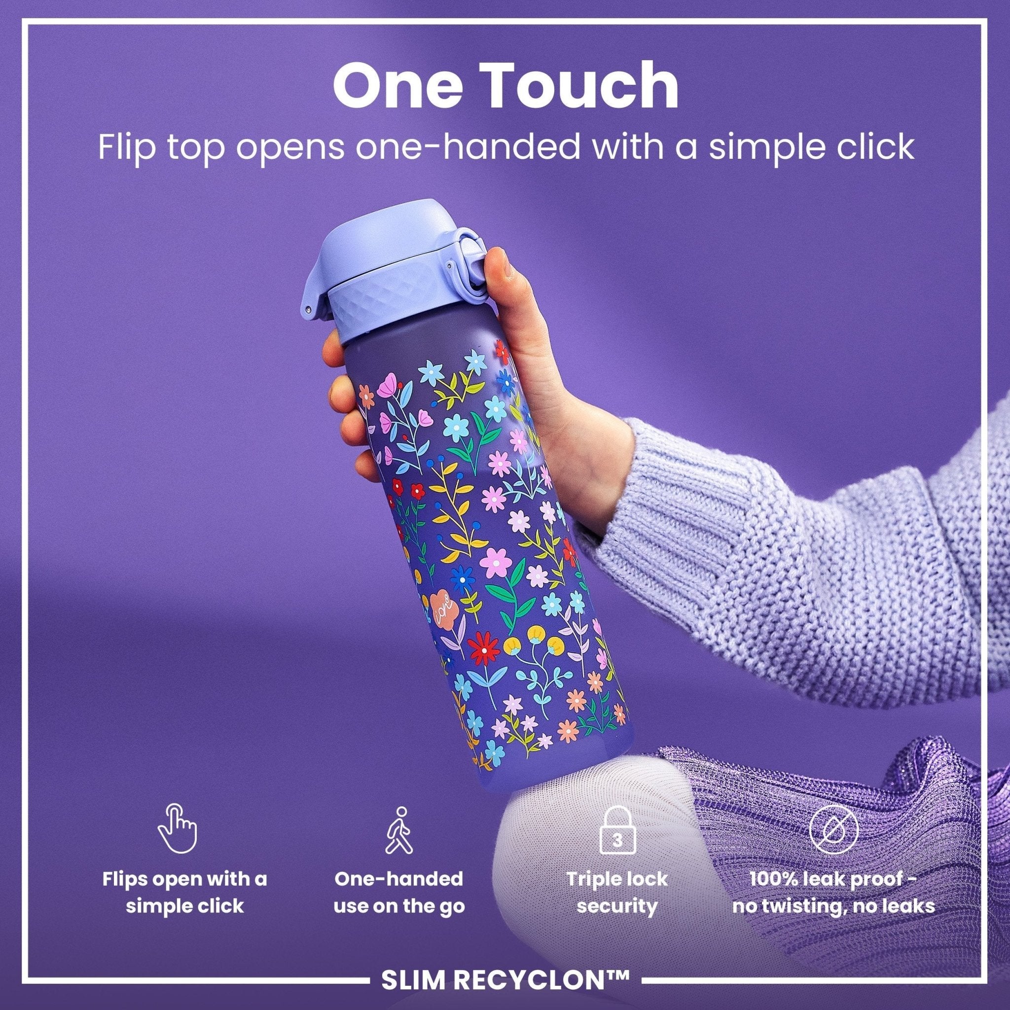 Recyclon Leak Proof Slim Water Bottle by ION8 with Ditsy Floral design, 500ml (18oz) plastic water bottle on white background