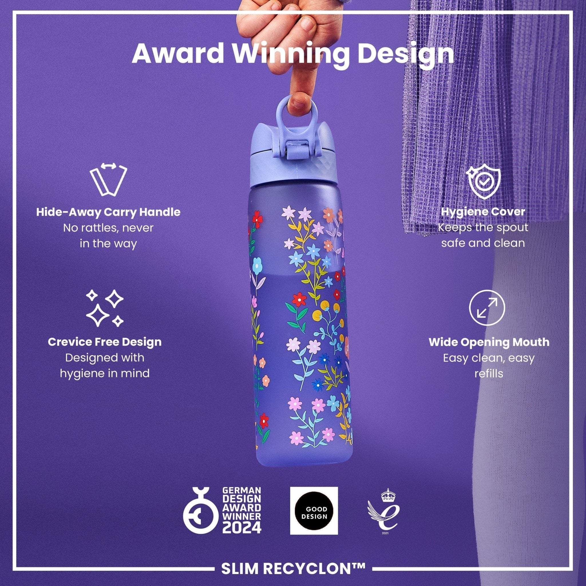 Recyclon Leak Proof Slim Water Bottle by ION8 with Ditsy Floral design, 500ml (18oz) recyclable water bottle on white background.