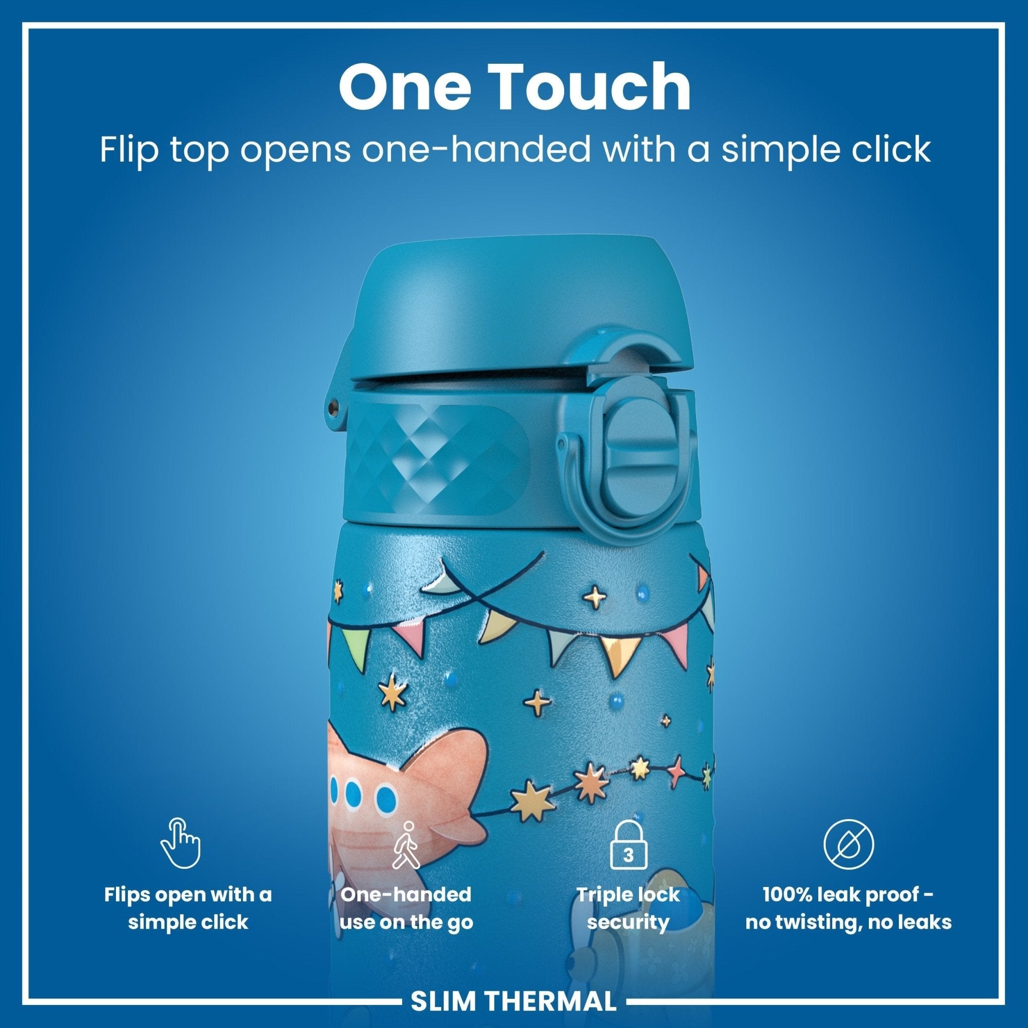 Ion8 leak-proof slim thermal water bottle with airplane design, 500ml insulated steel bottle for hot and cold beverages.
