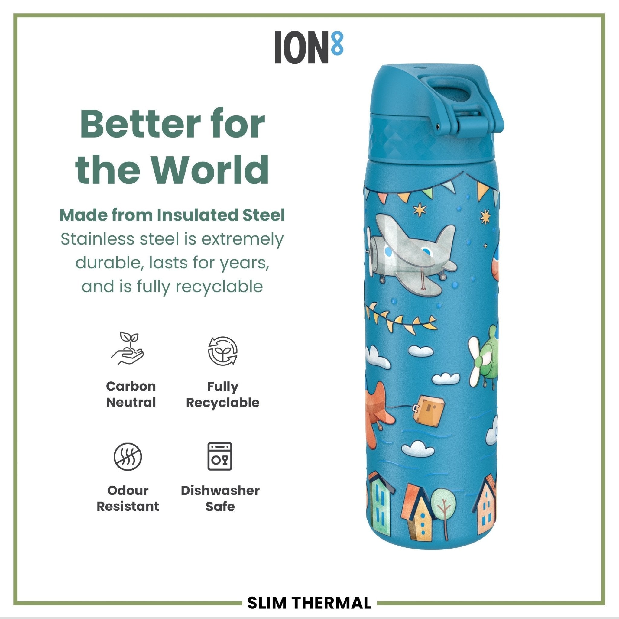 ION8 leak-proof slim thermal steel water bottle with airplane design, 500ml insulated water bottle for hot and cold drinks.