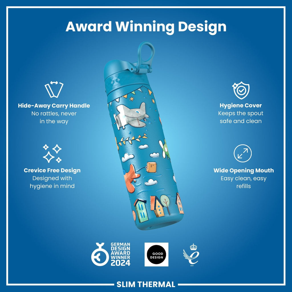 ION8 leak-proof slim thermal water bottle with airplane design, 500ml insulated steel bottle for hot or cold drinks.