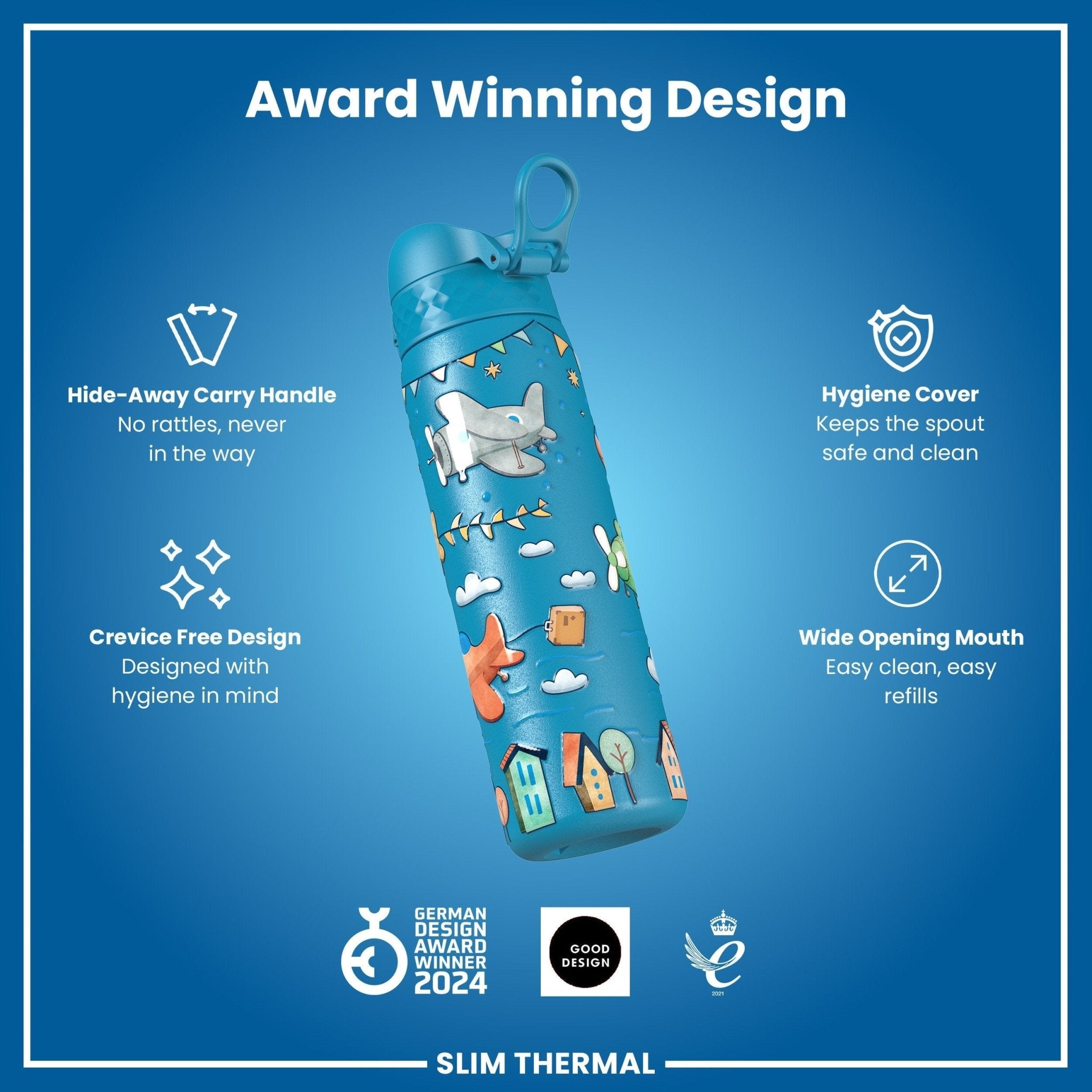 ION8 leak-proof slim thermal water bottle with airplane design, 500ml insulated steel bottle for hot or cold drinks.