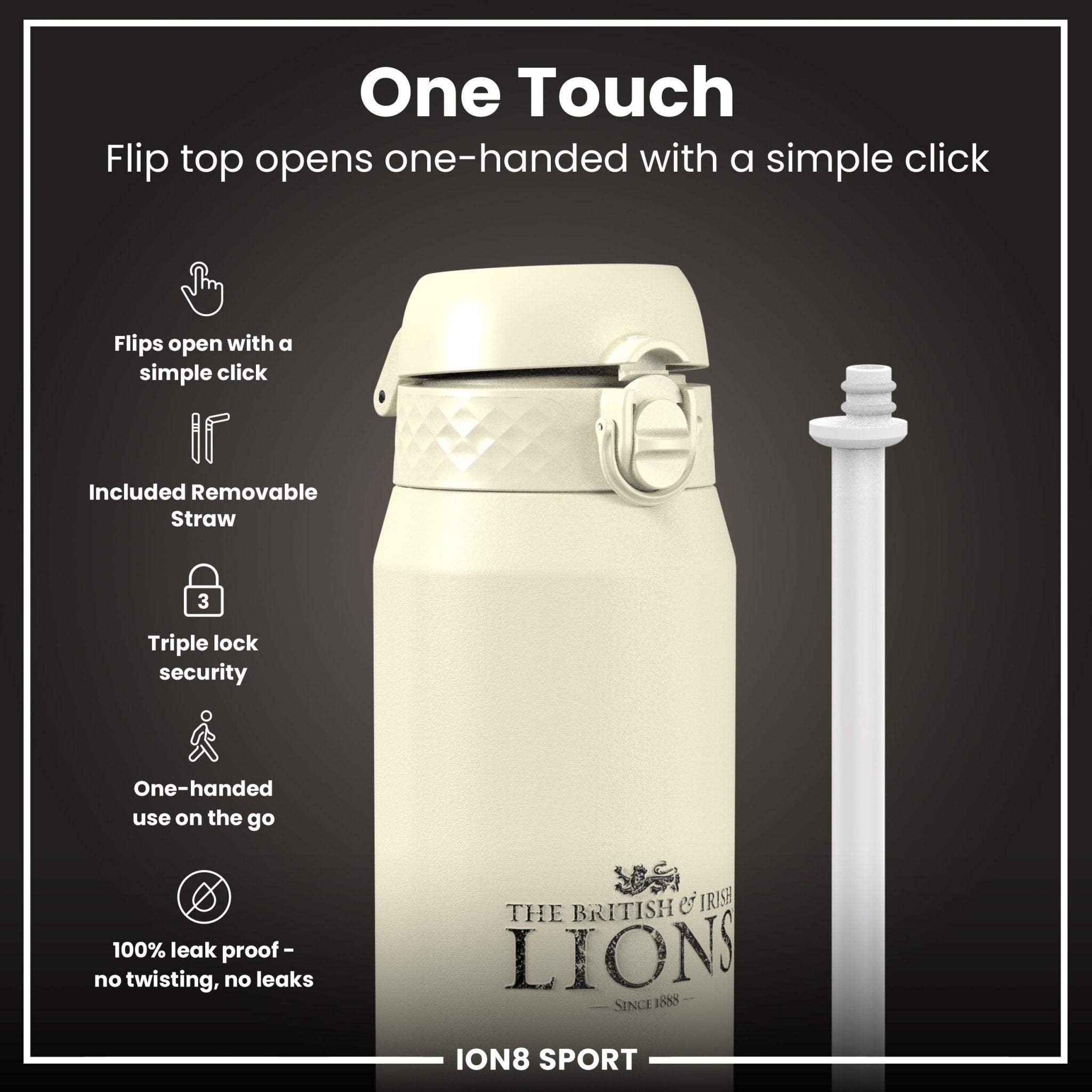 British & Irish Lions ION8 insulated steel water bottle with crest, 750ml (24oz), durable and keeps drinks cold or hot.