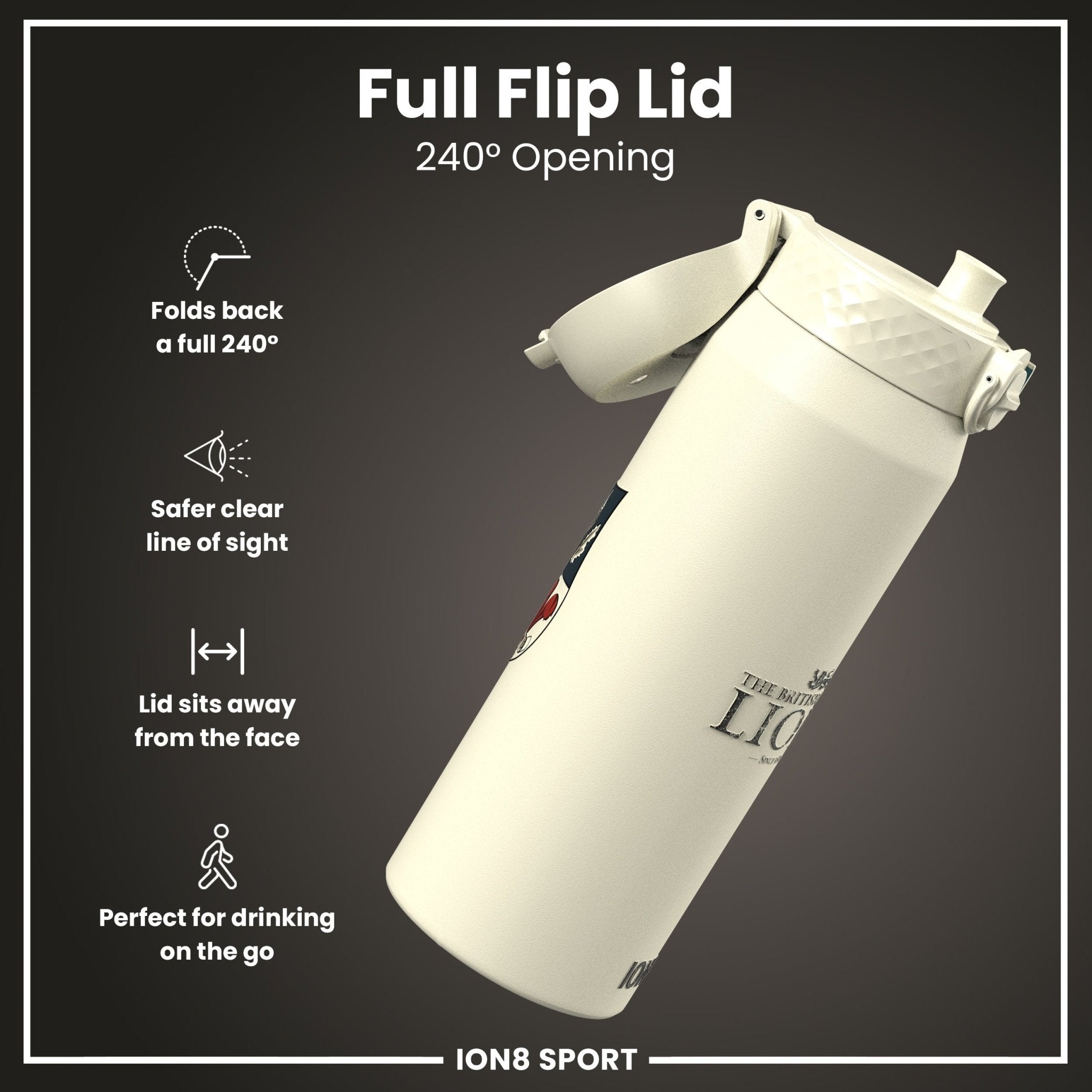 British & Irish Lions ION8 insulated steel water bottle with crest, 750ml (24oz), showing the Lions logo and sleek design.