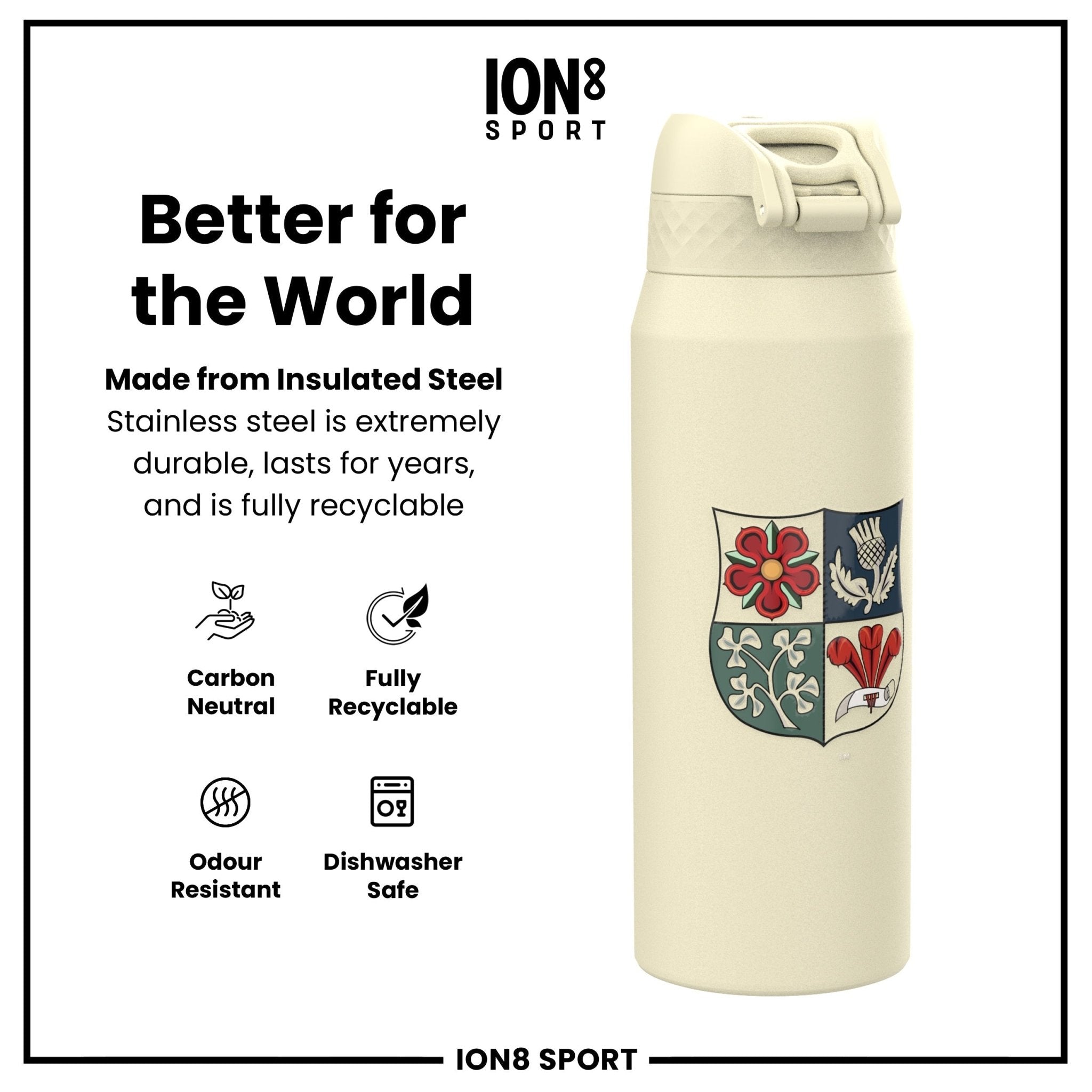 British & Irish Lions ION8 insulated steel water bottle with crest, 750ml (24oz), durable and keeps drinks cold or hot.