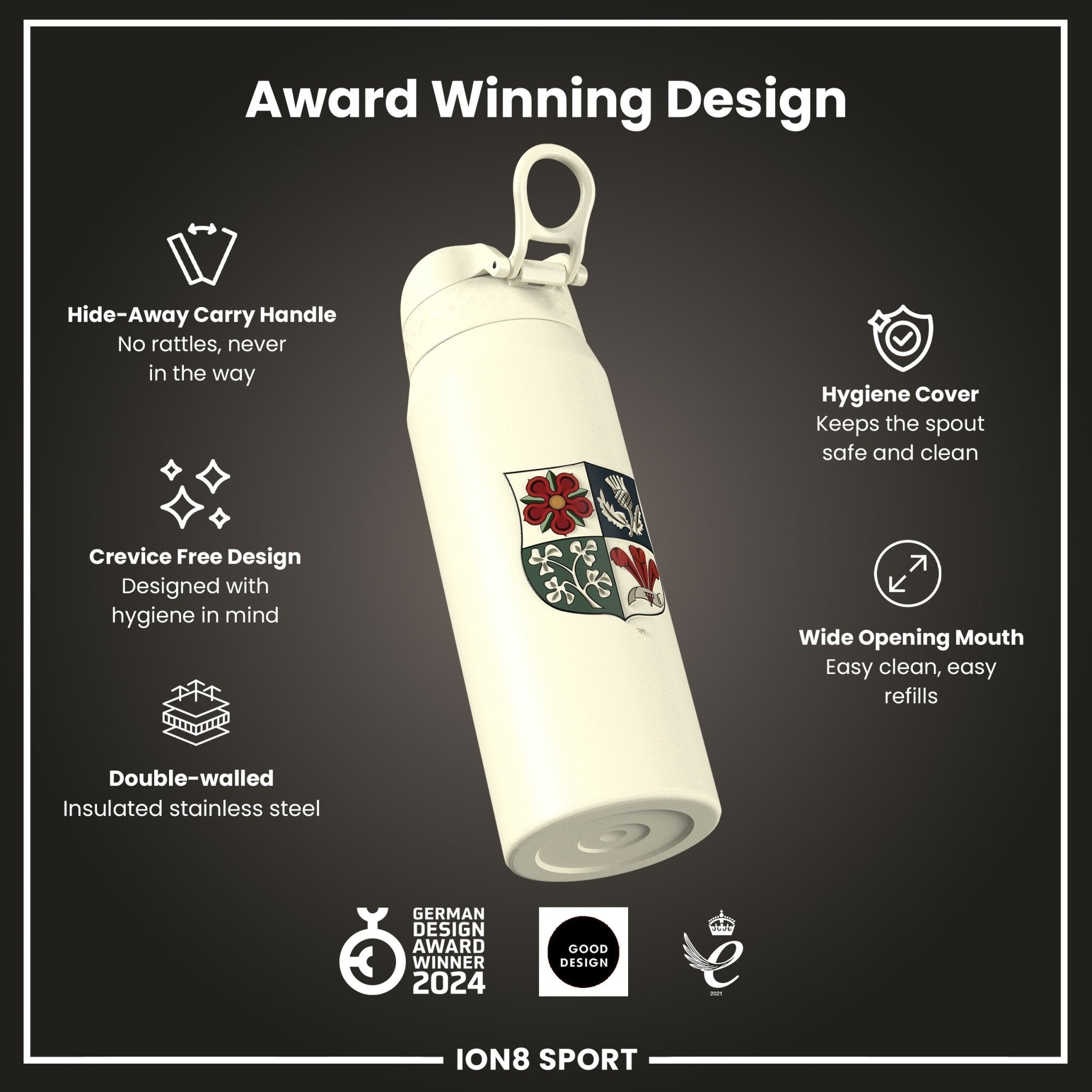 ION8 British & Irish Lions insulated steel water bottle with crest, 750ml (24oz), showcasing the Lions logo and durable design
