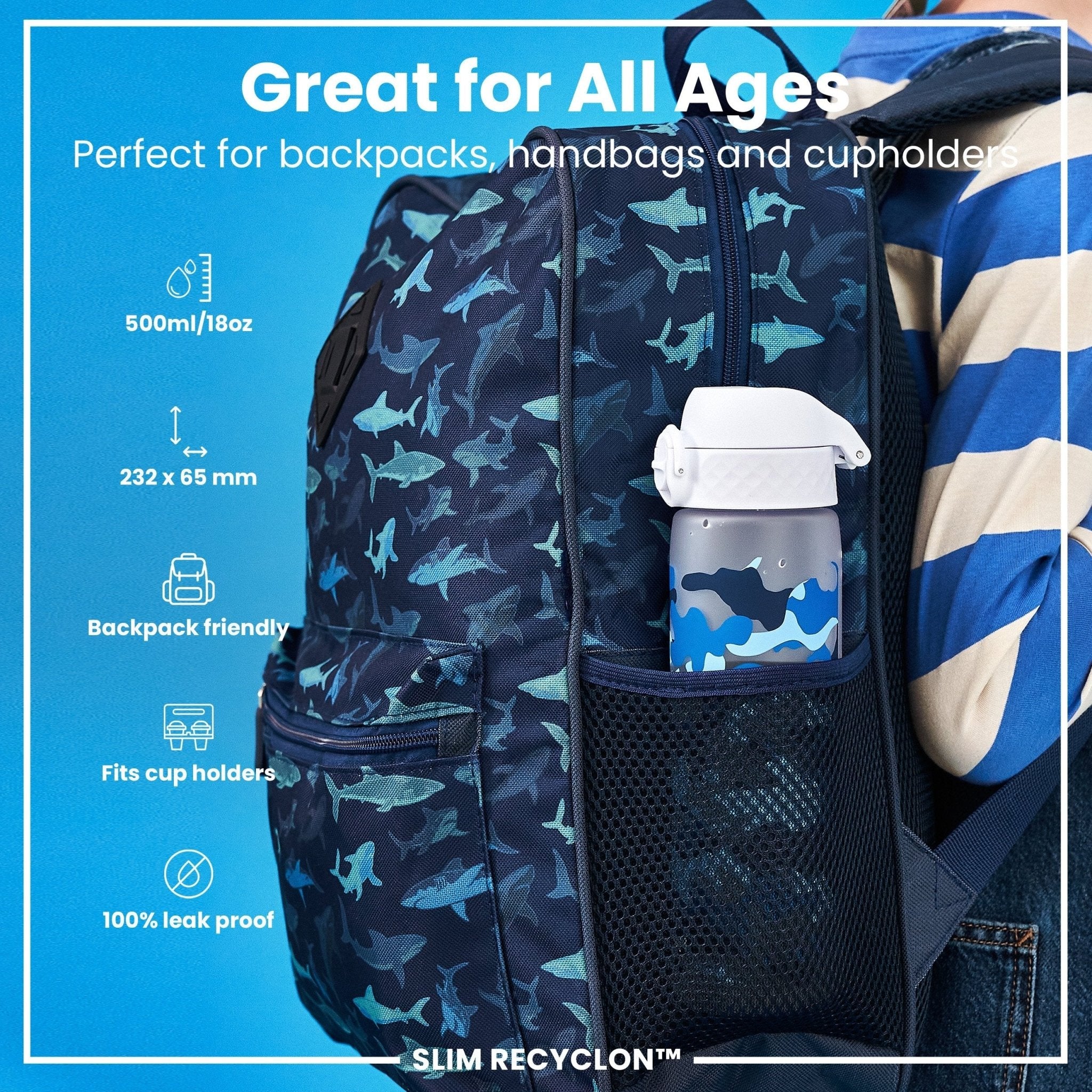 Recyclon ION8 leak-proof slim water bottle with camouflage design, 500ml (18oz), made for durable hydration.