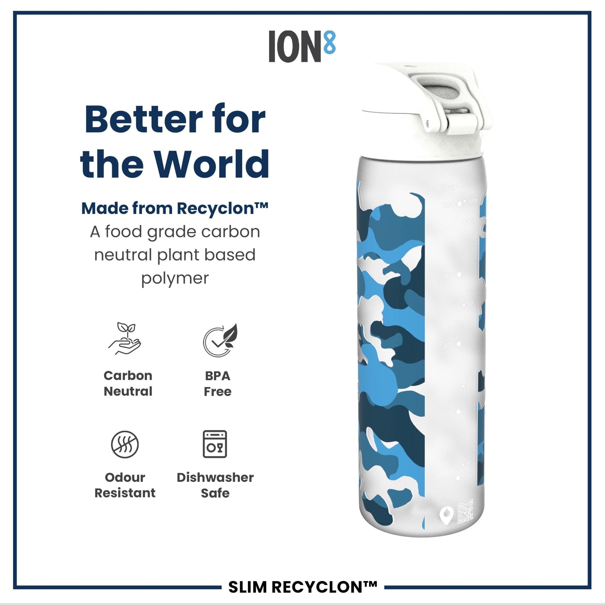 Recyclon leak-proof slim water bottle by ION8 in camouflage, 500ml (18oz), with a secure lid and sleek design.