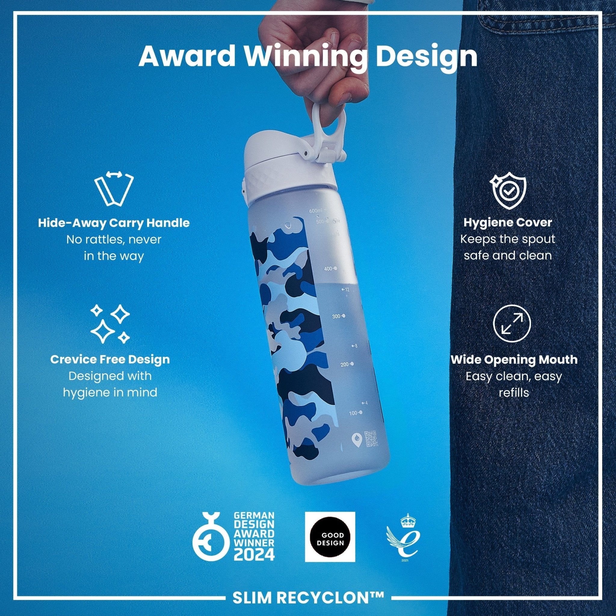 Recyclon leak-proof slim water bottle by ION8 with camouflage design, 500ml (18oz) capacity, made for easy hydration on the go.