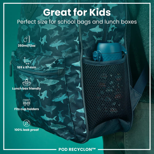 Recyclon Leak Proof Kids Water Bottle by ION8 with rescue vehicle design, 350ml capacity, suitable for children.