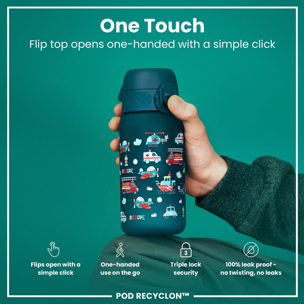 ION8 Recyclon Leak Proof Kids Water Bottle with Rescue Vehicles design, 350ml capacity, durable and recyclable plastic.