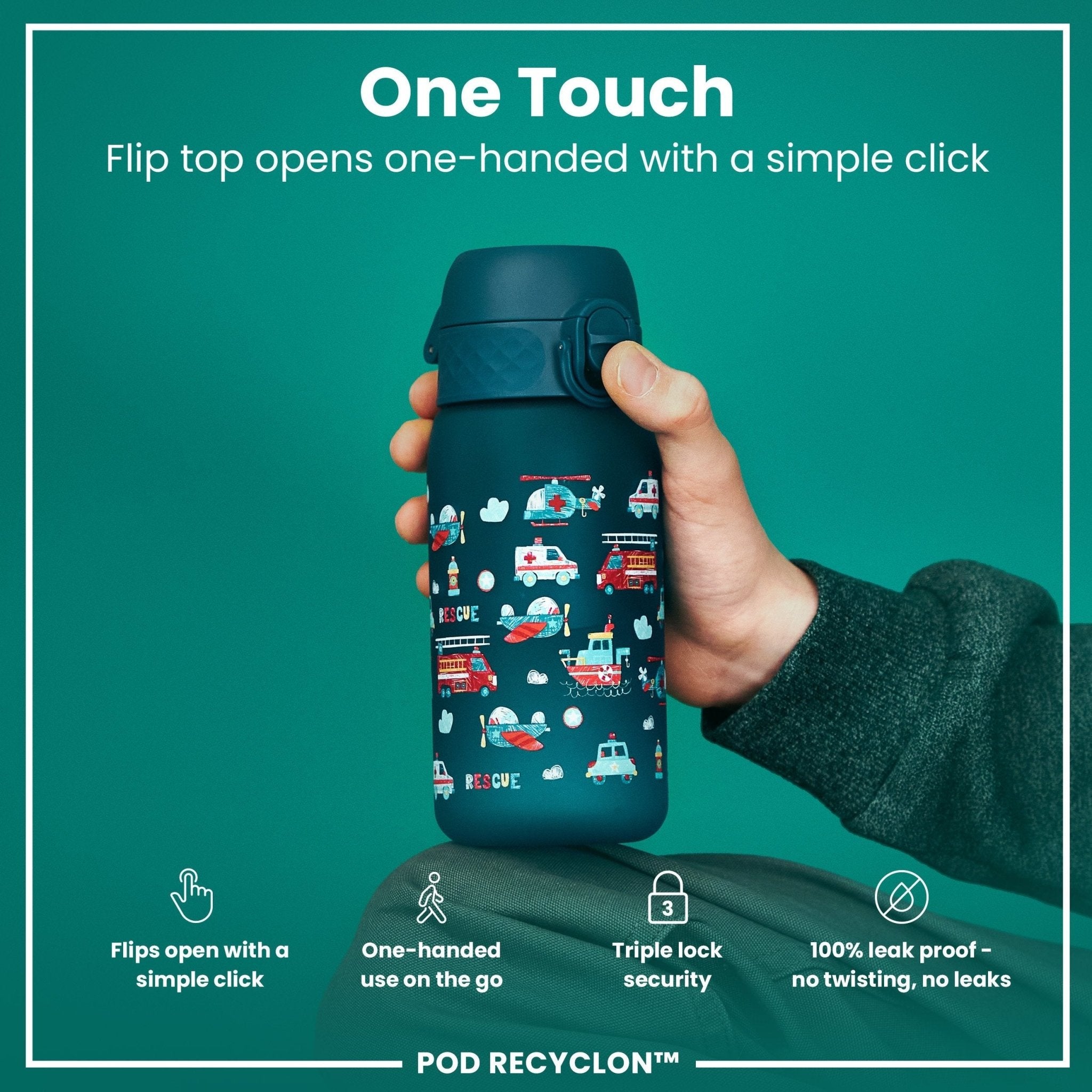 ION8 Recyclon Leak Proof Kids Water Bottle with Rescue Vehicles design, 350ml capacity, durable and recyclable plastic.