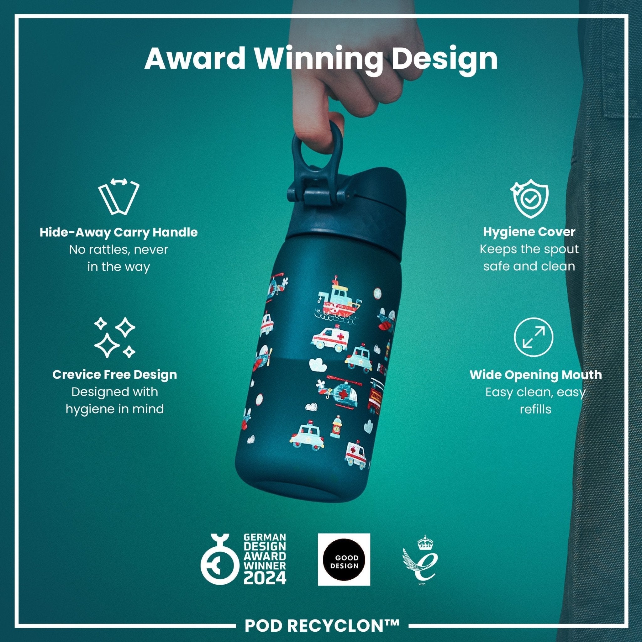 Recyclon leak-proof kids water bottle by ION8 with rescue vehicle design, 350ml capacity, durable and recyclable plastic.