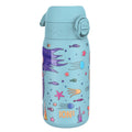 ION8 stainless steel kids water bottle with leak-proof design featuring mermaid illustrations, 400ml capacity.
