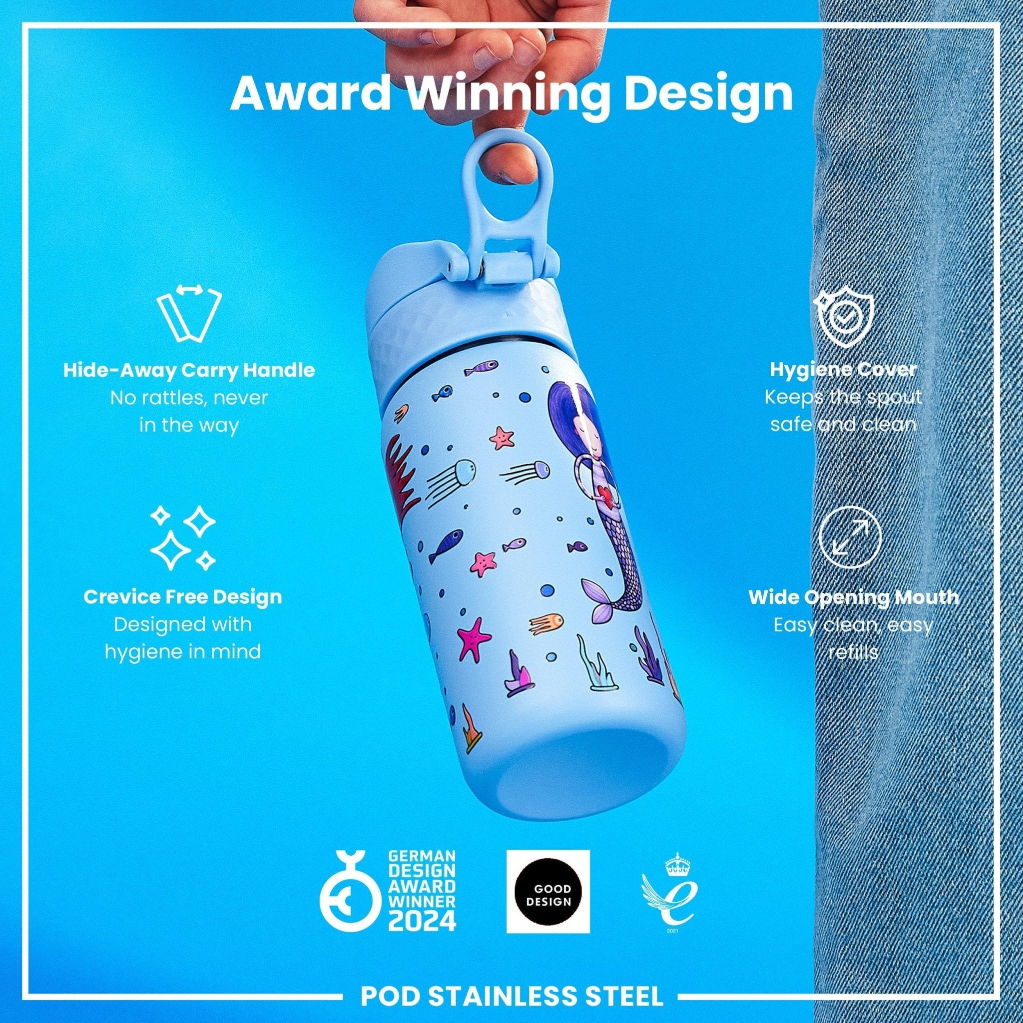 Ion8 leak-proof kids stainless steel water bottle with mermaid design, 400ml capacity, perfect for children.