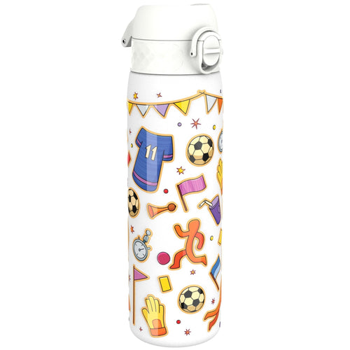 ION8 leak-proof slim thermal steel water bottle with football design, 500ml insulated water bottle for hot and cold drinks.