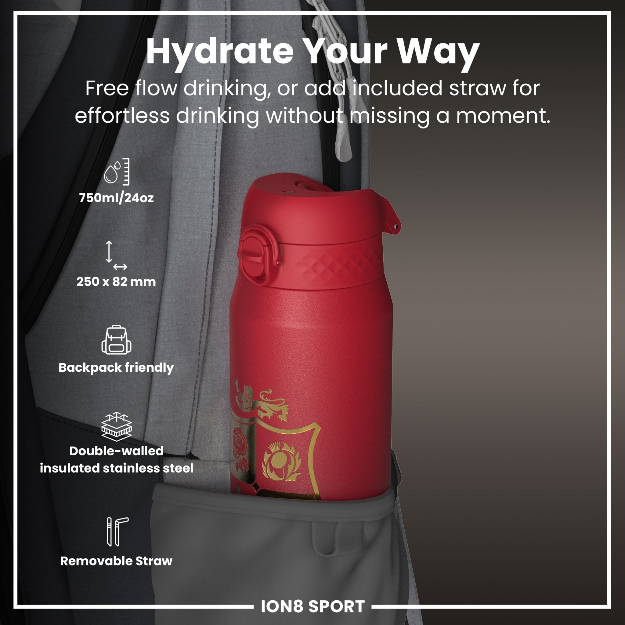 British & Irish Lions ION8 insulated steel water bottle, Sea of Red design, 750ml (24oz), durable and keeps beverages cold or hot.