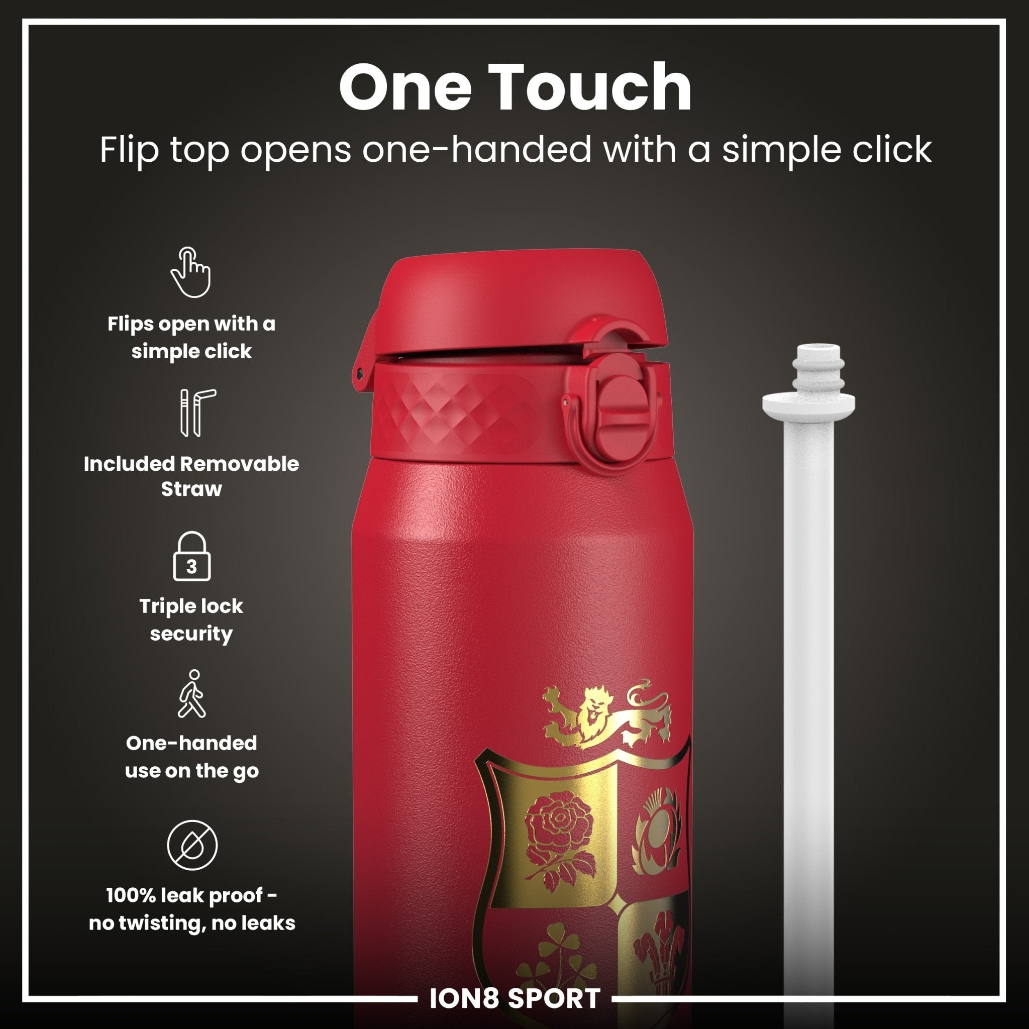 British & Irish Lions Lions X ION8 insulated steel water bottle in Sea of Red, 750ml, with a sleek design and durable construction.