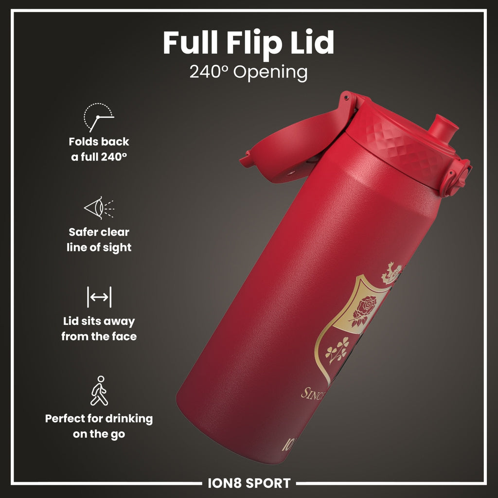 British & Irish Lions ION8 insulated steel water bottle, Sea of Red, 750ml (24oz), with a sleek stainless steel finish.