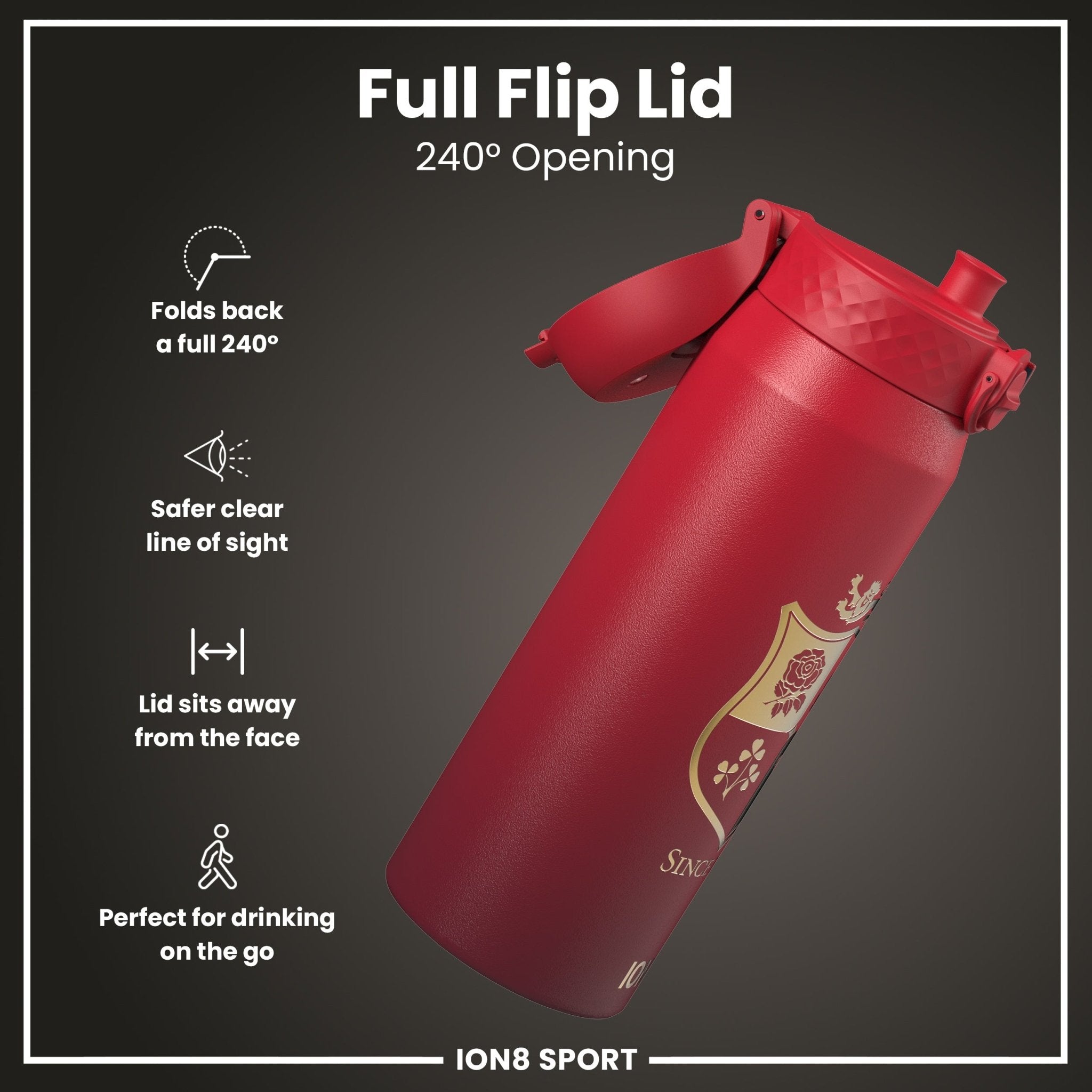 British & Irish Lions ION8 insulated steel water bottle, Sea of Red, 750ml (24oz), with a sleek stainless steel finish.