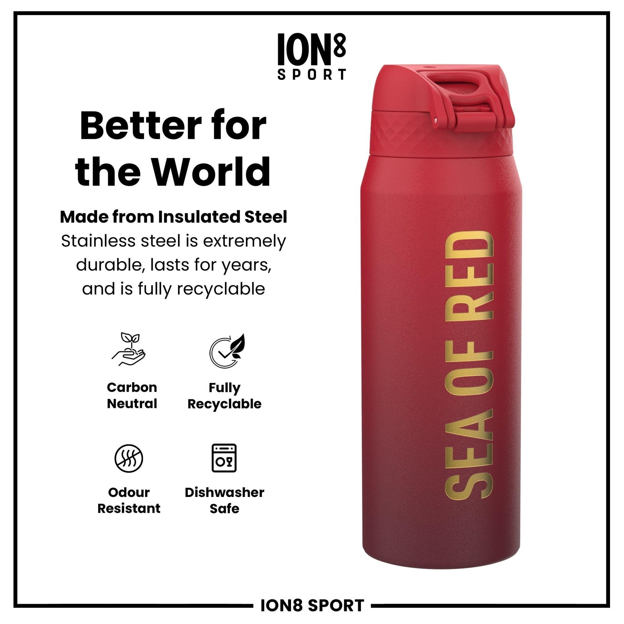 British & Irish Lions Lions X ION8 insulated steel water bottle, Sea of Red design, 750ml (24oz) durable insulated water bottle.