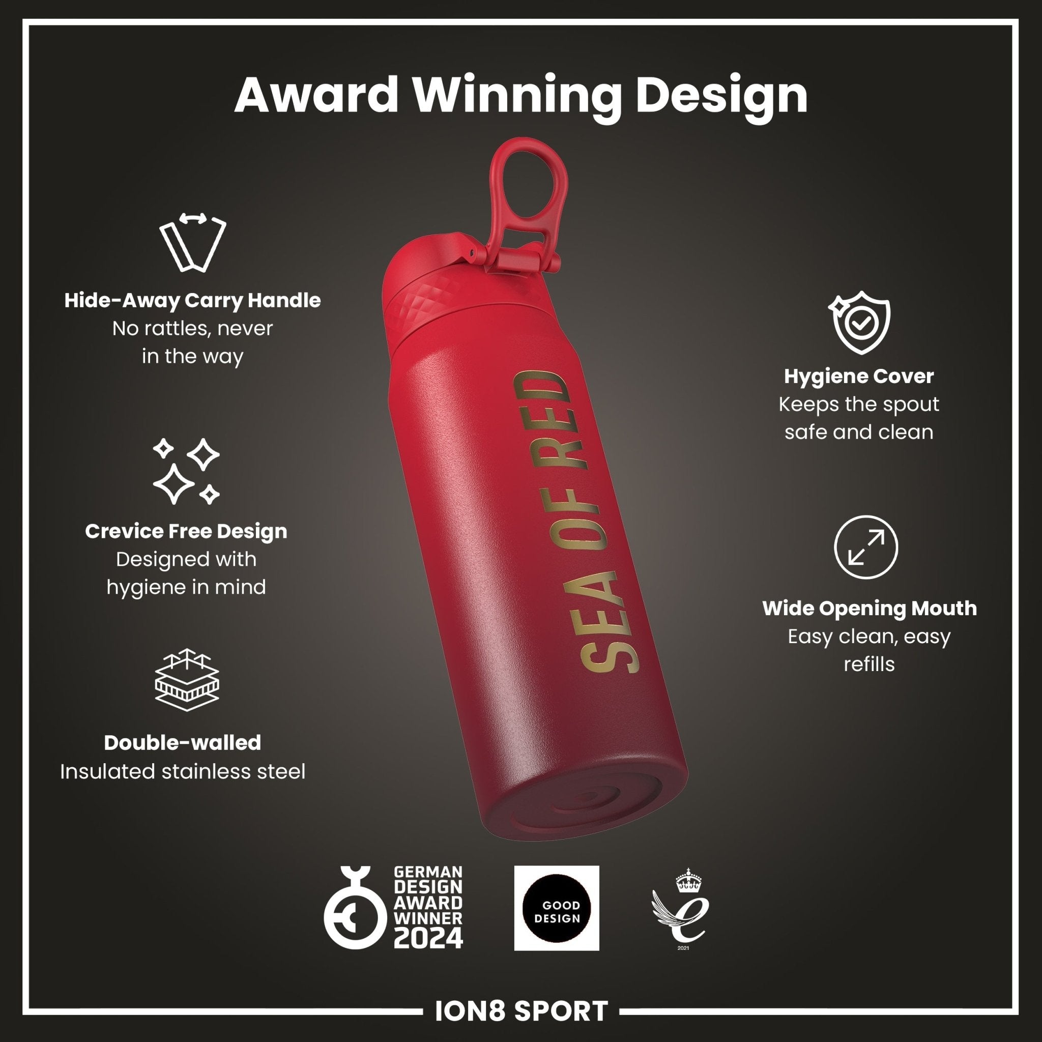 Sea of Red Lions X ION8 insulated steel water bottle, 750ml, featuring British & Irish Lions branding and durable design.