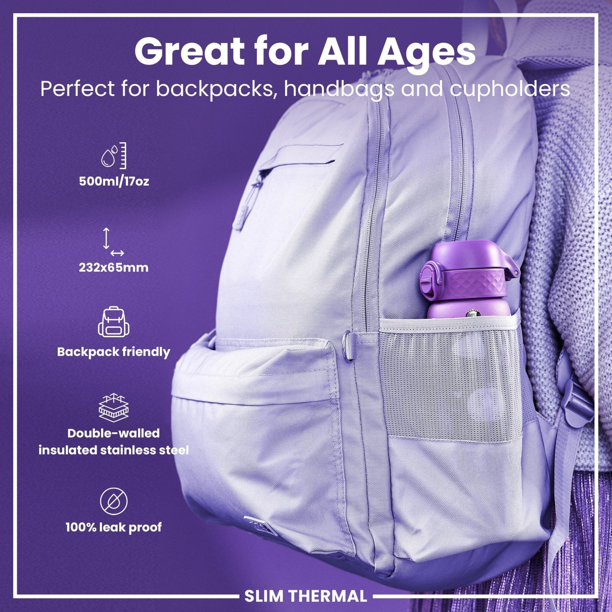 ION8 princess leak-proof slim thermal steel water bottle, 500ml insulated water bottle, colorfully designed for hot or cold drinks