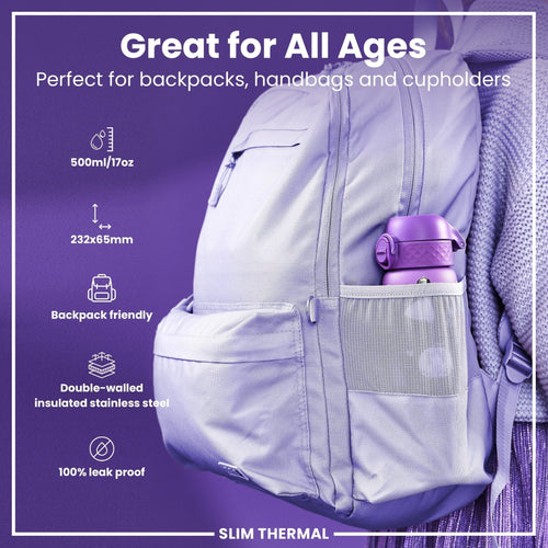 ION8 princess leak-proof slim thermal steel water bottle, 500ml insulated water bottle, colorfully designed for hot or cold drinks