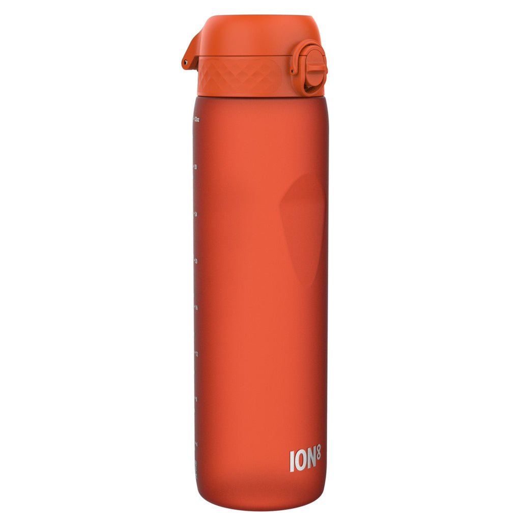 ION8 Recyclon leak-proof 1-liter orange water bottle, durable and recyclable, ideal for staying hydrated on the go.