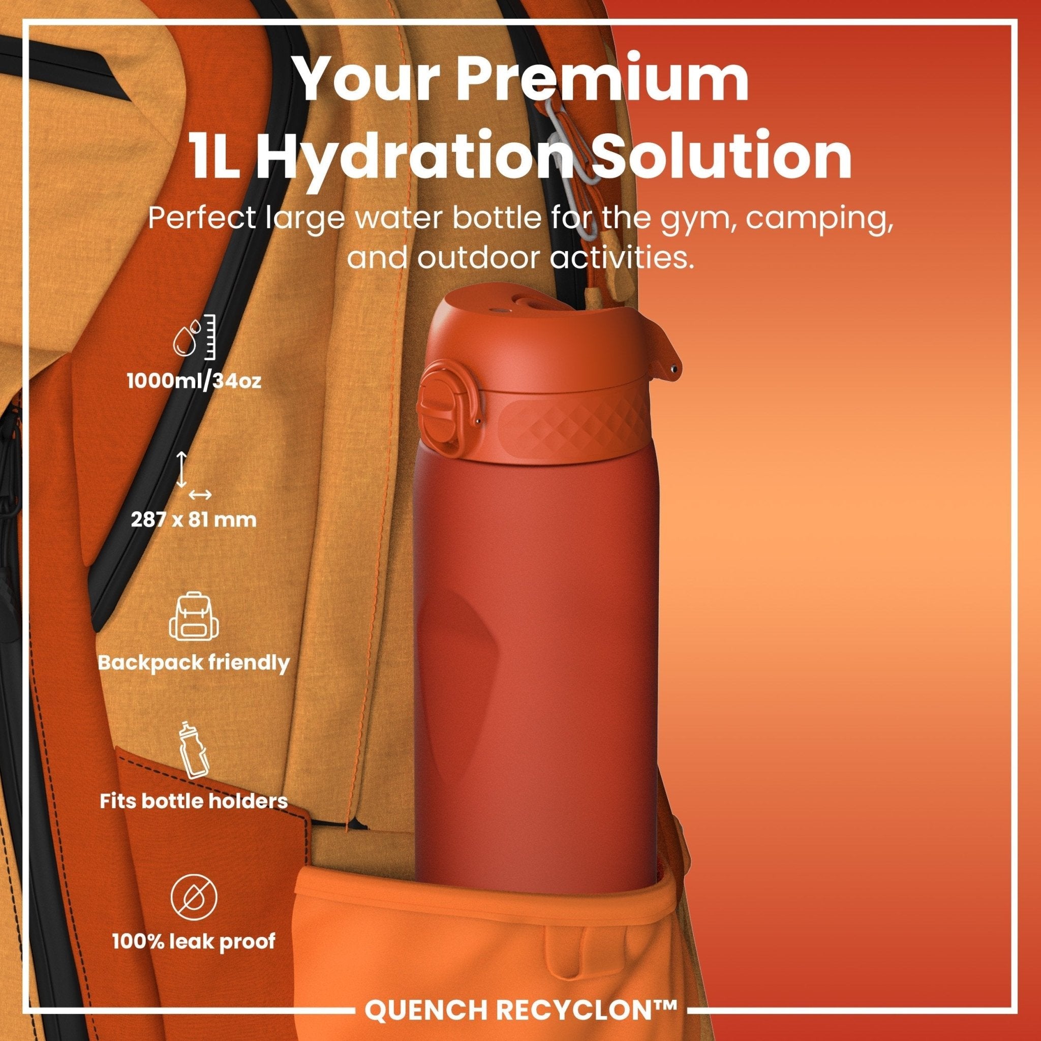 ION8 Recyclon 1L water bottle in Hearty Orange, leak-proof design with recyclable materials, ideal for hydration on the go.