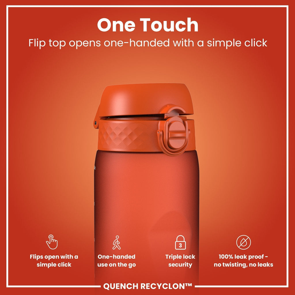 Ion8 Recyclon leak-proof 1L water bottle in Hearty Orange, durable plastic with secure cap, ideal for hydration on the go.