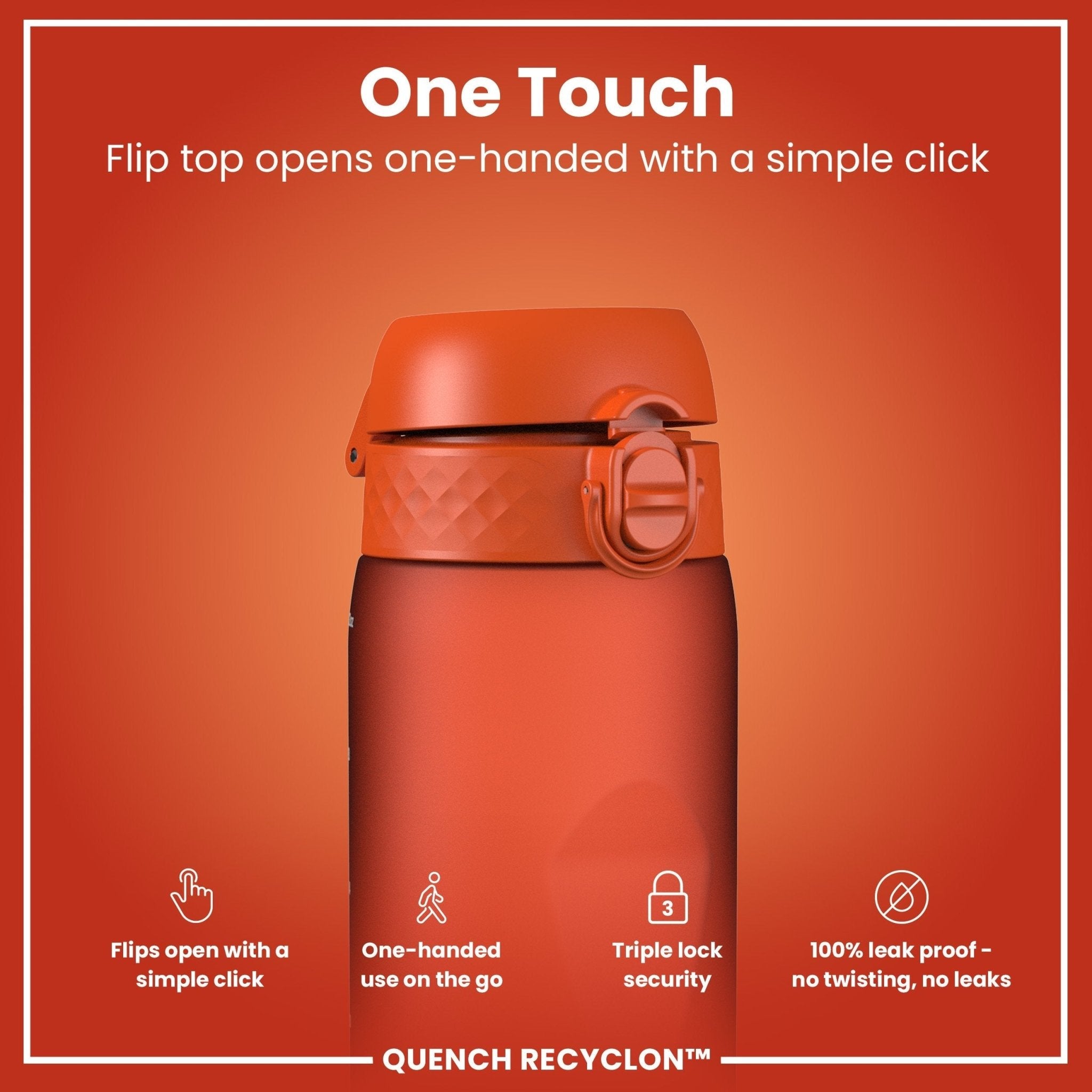 Ion8 Recyclon leak-proof 1L water bottle in Hearty Orange, durable plastic with secure cap, ideal for hydration on the go.