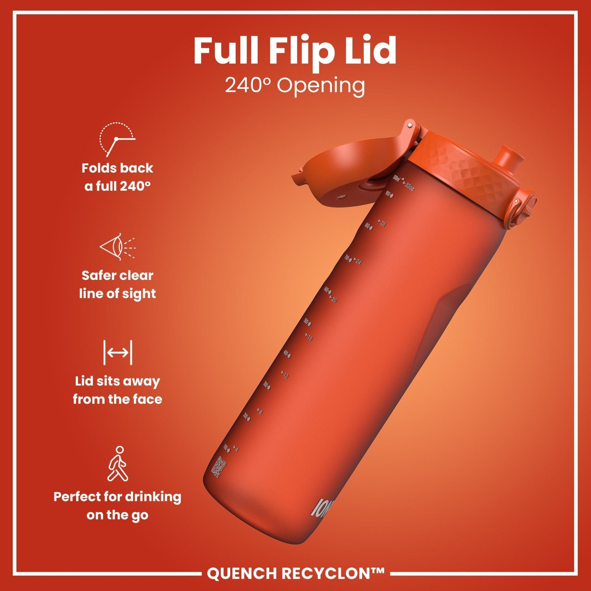 Ion8 Recyclon 1L leak-proof water bottle in vibrant orange, designed for durability and eco-friendly hydration.