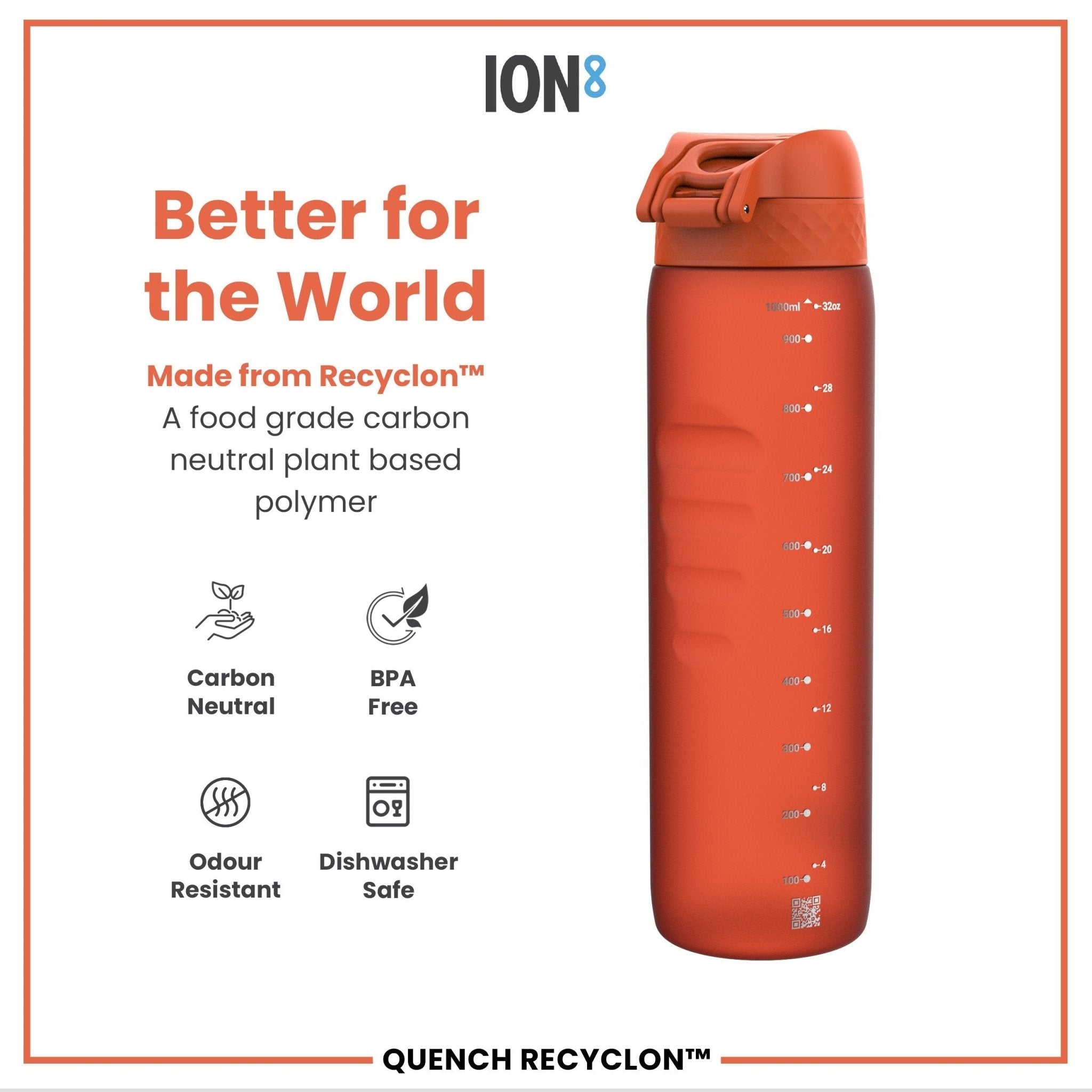 ION8 Recyclon 1L leak-proof water bottle in Hearty Orange, durable and recyclable for everyday hydration.