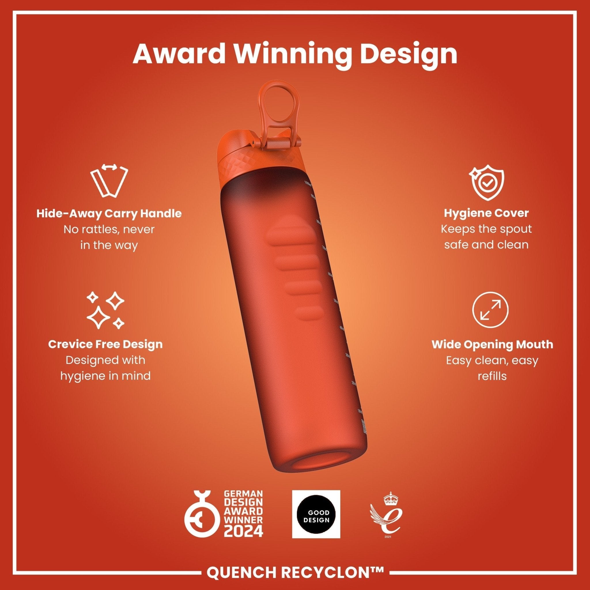 ION8 Recyclon leak-proof 1L water bottle in Hearty Orange, durable and recyclable plastic, ideal for hydration on the go.