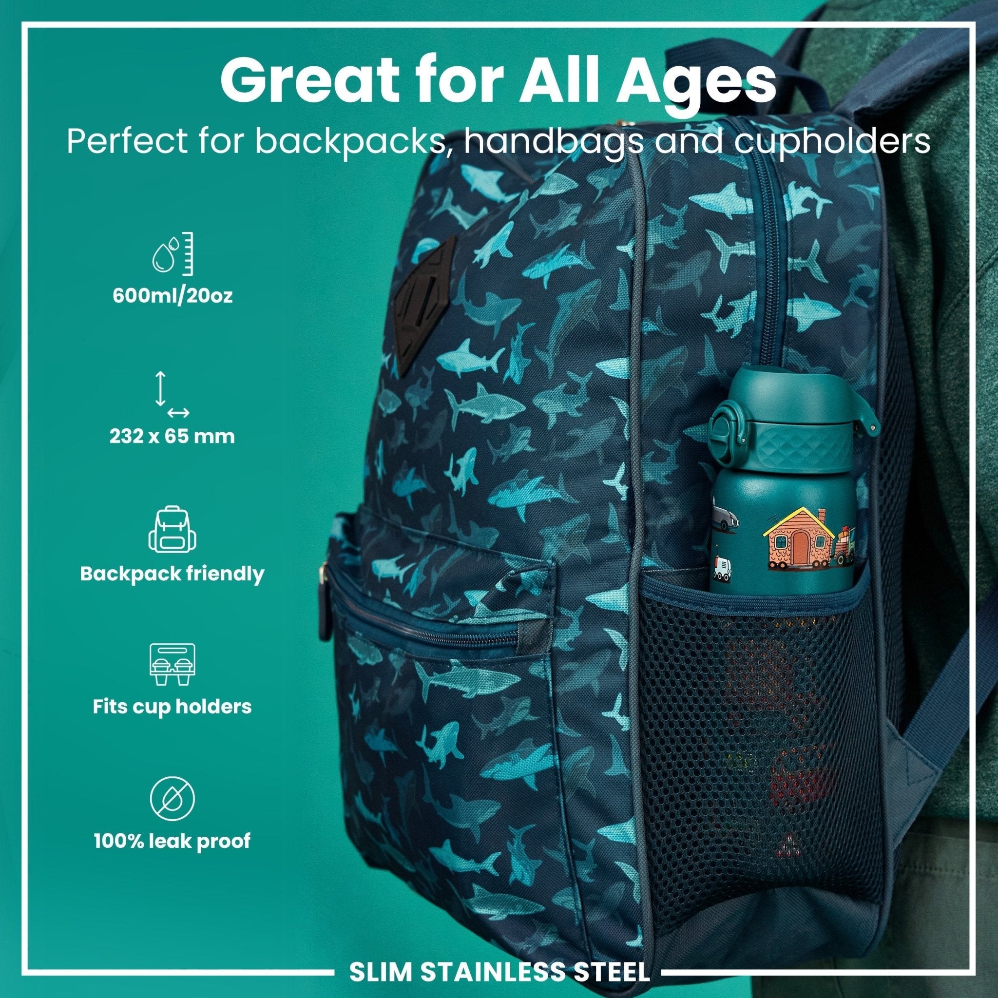 ION8 stainless steel leak-proof water bottle, 600ml slim design with automotive-themed graphics, durable and portable.
