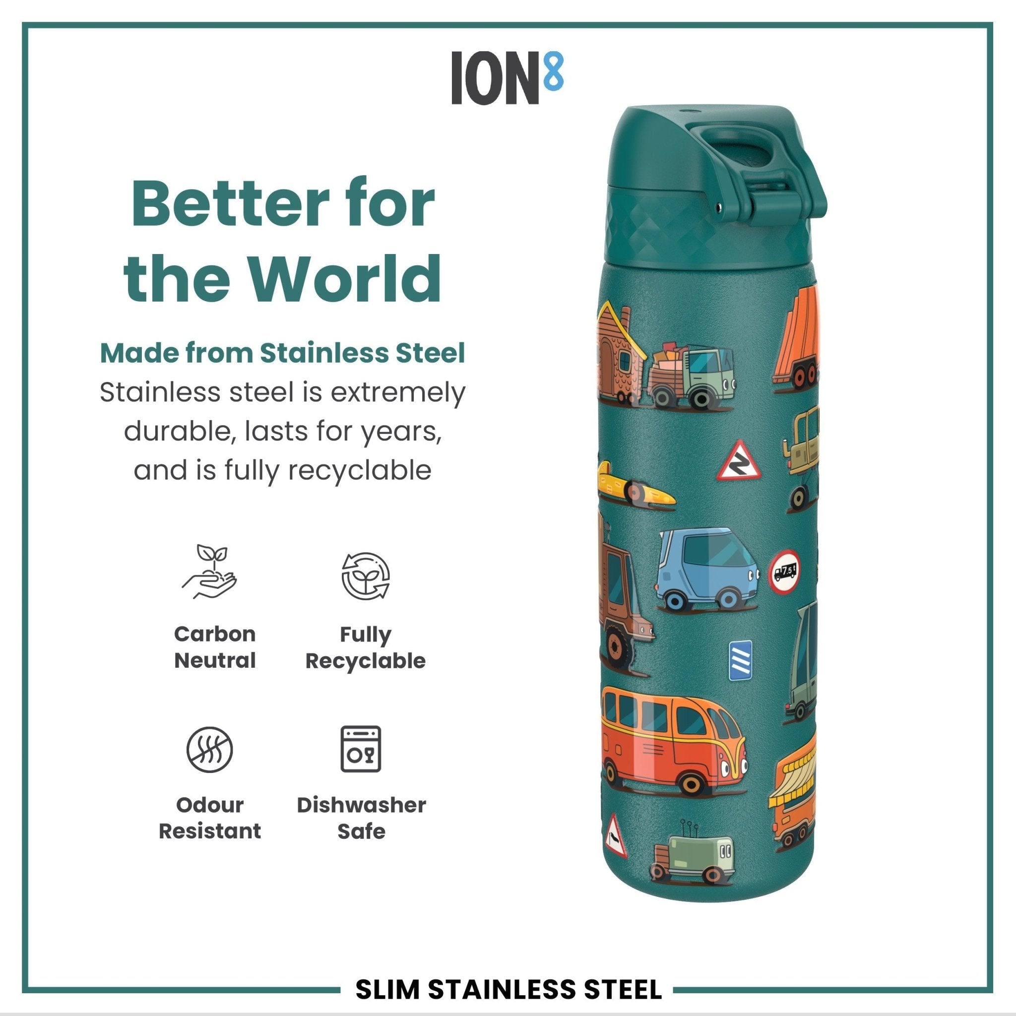 ION8 600ml stainless steel leak-proof slim water bottle, ideal for automotives, with a sleek design and durable construction