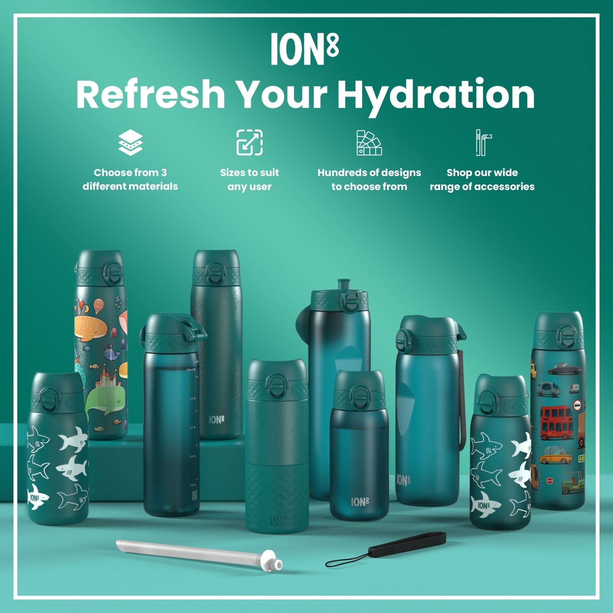 Ion8 stainless steel leak-proof slim water bottle, 600ml (20oz), designed for automobiles, durable and portable.