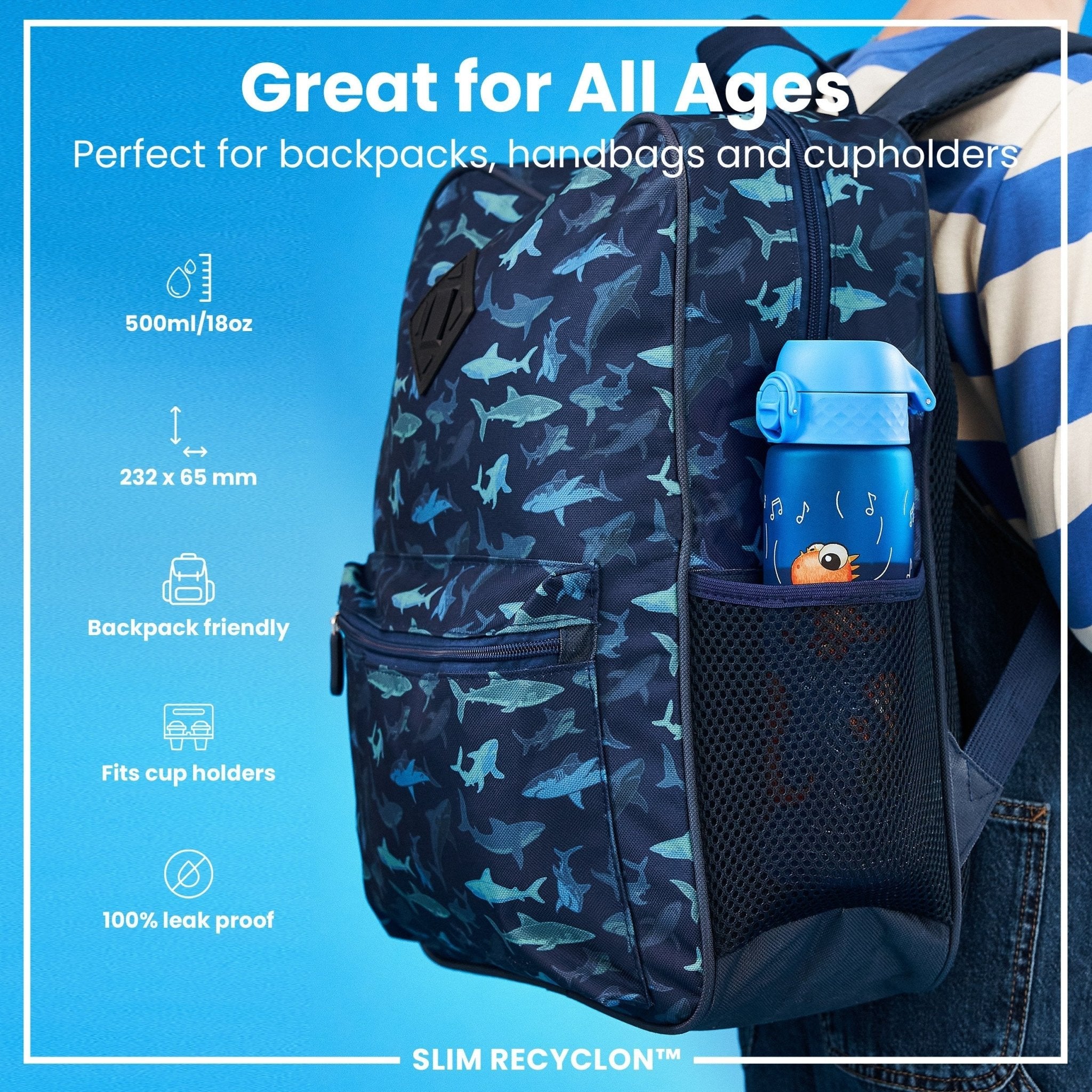 Ion8 Leak Proof Slim Water Bottle with Dino Band, 500ml, recyclable Recyclon water bottle, featuring a sleek design and secure lid.