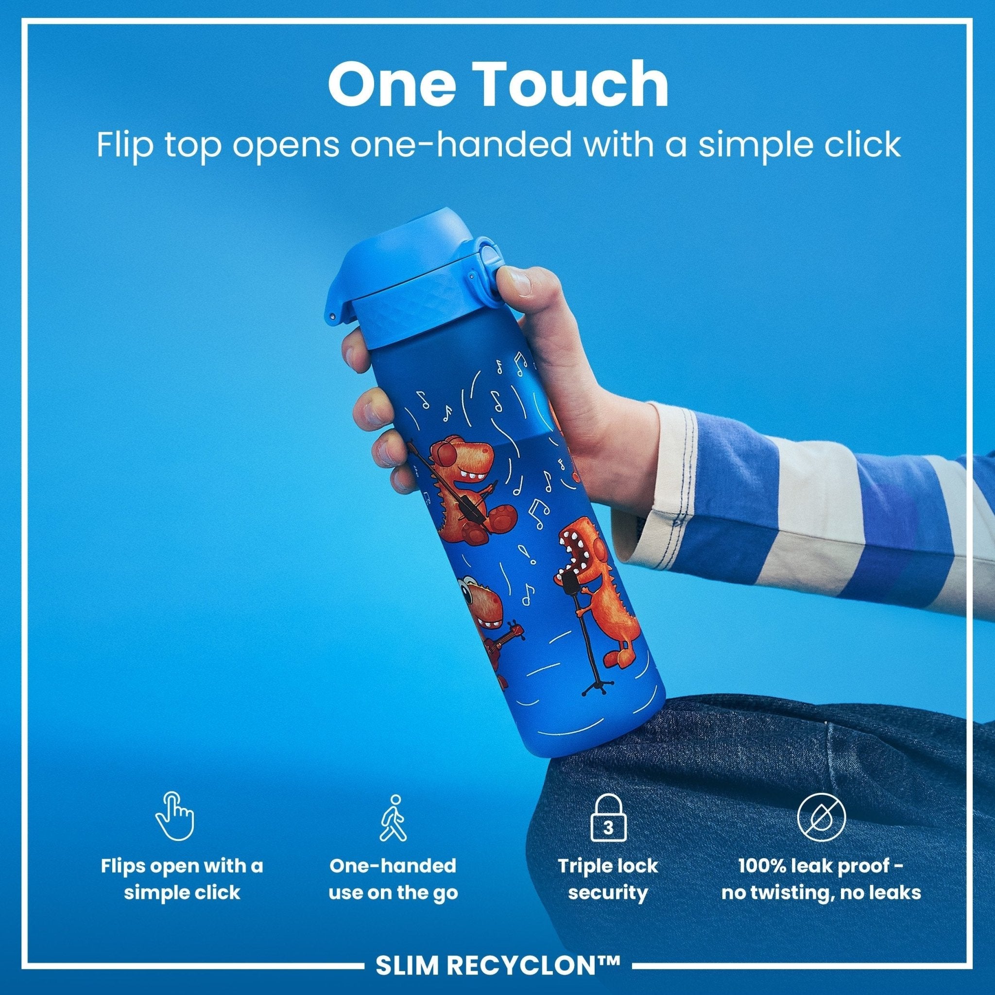 Ion8 Leak Proof Slim Water Bottle with Dino Band, 500ml, Recyclon brand, shown in a sleek design with a colorful dinosaur-themed band.