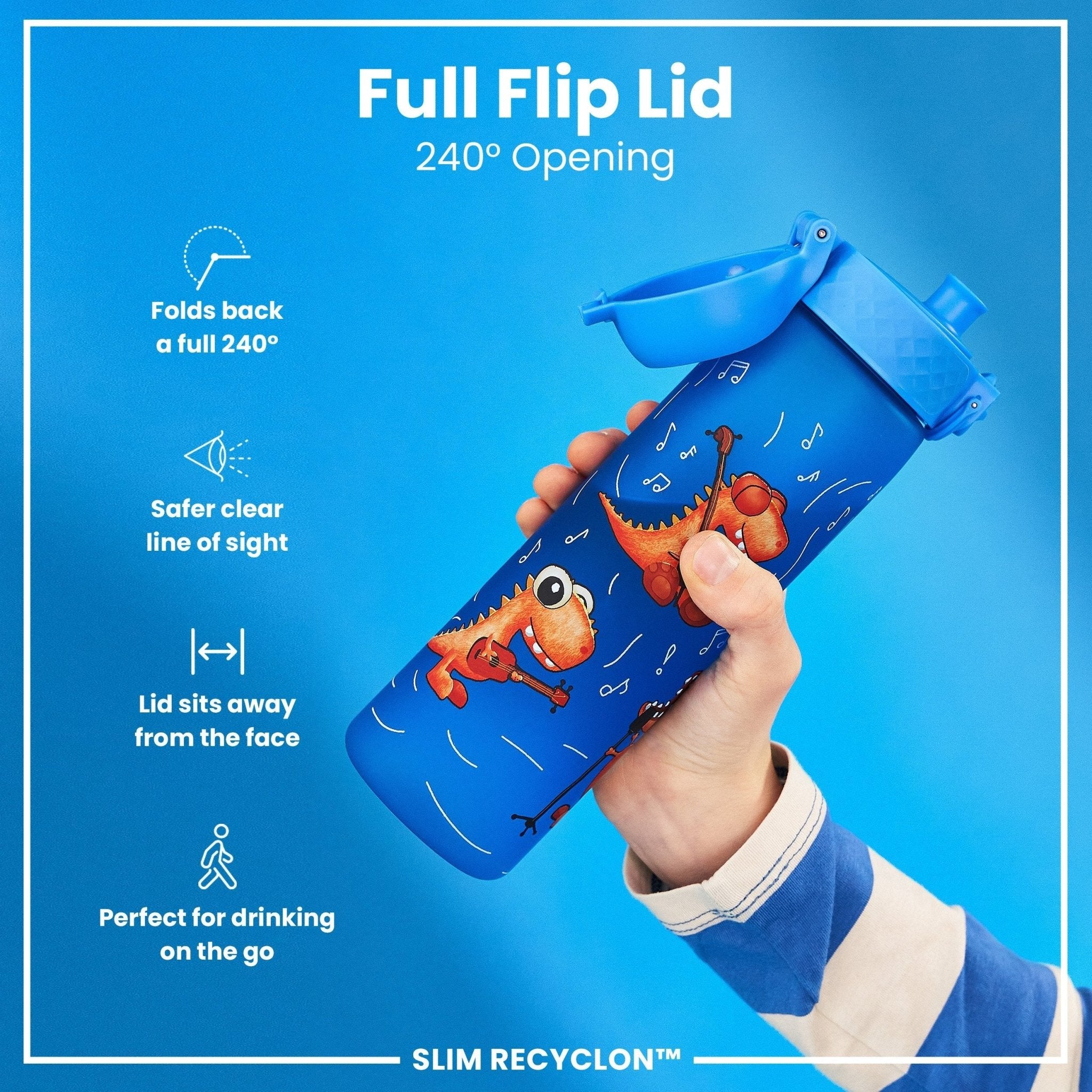 Ion8 Leak Proof Slim Water Bottle with Dino Band, 500ml Recyclon water bottle, durable, portable, and eco-friendly design.
