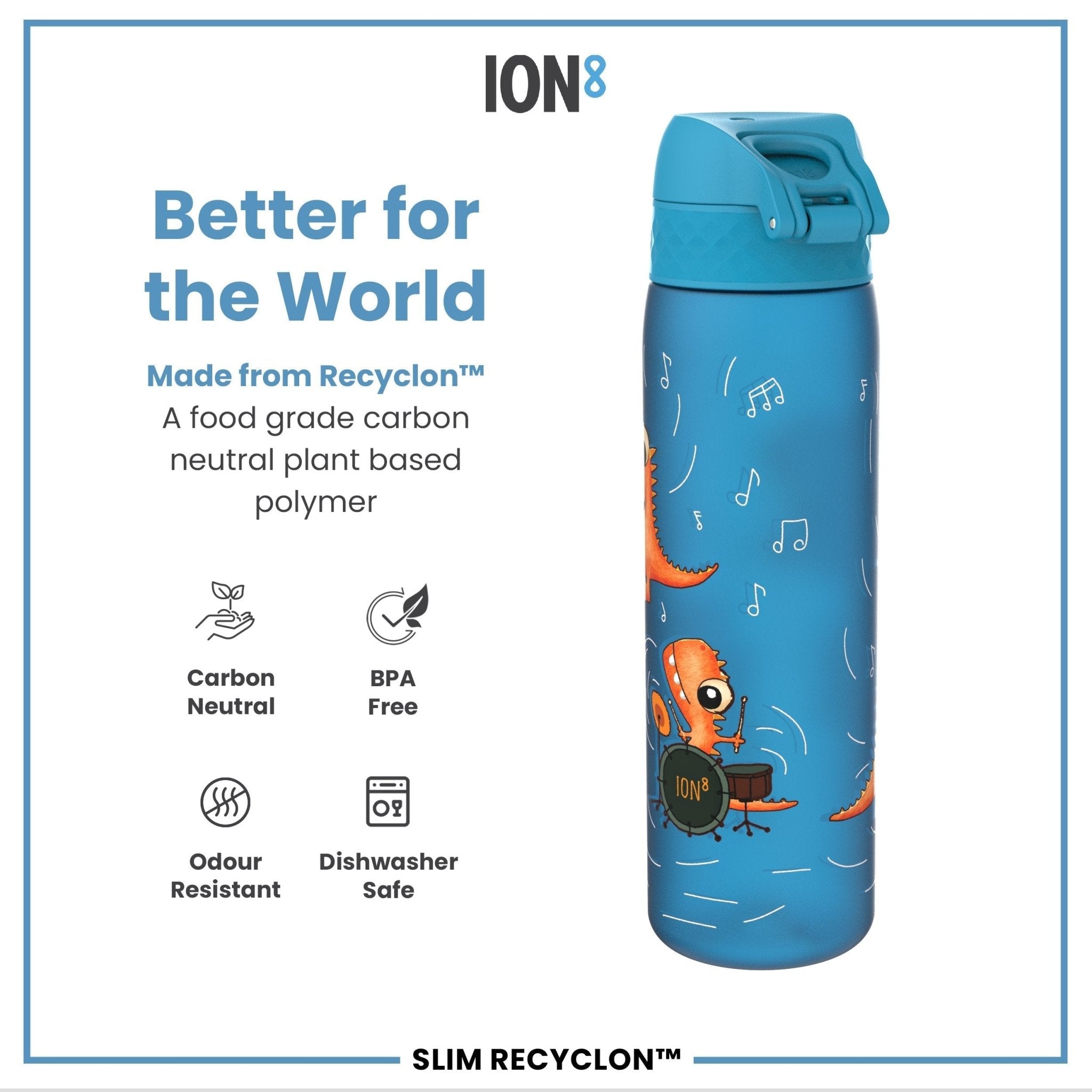 Ion8 Leak Proof Slim Water Bottle with Dino Band, 500ml recyclable water bottle, sleek design and durable construction.