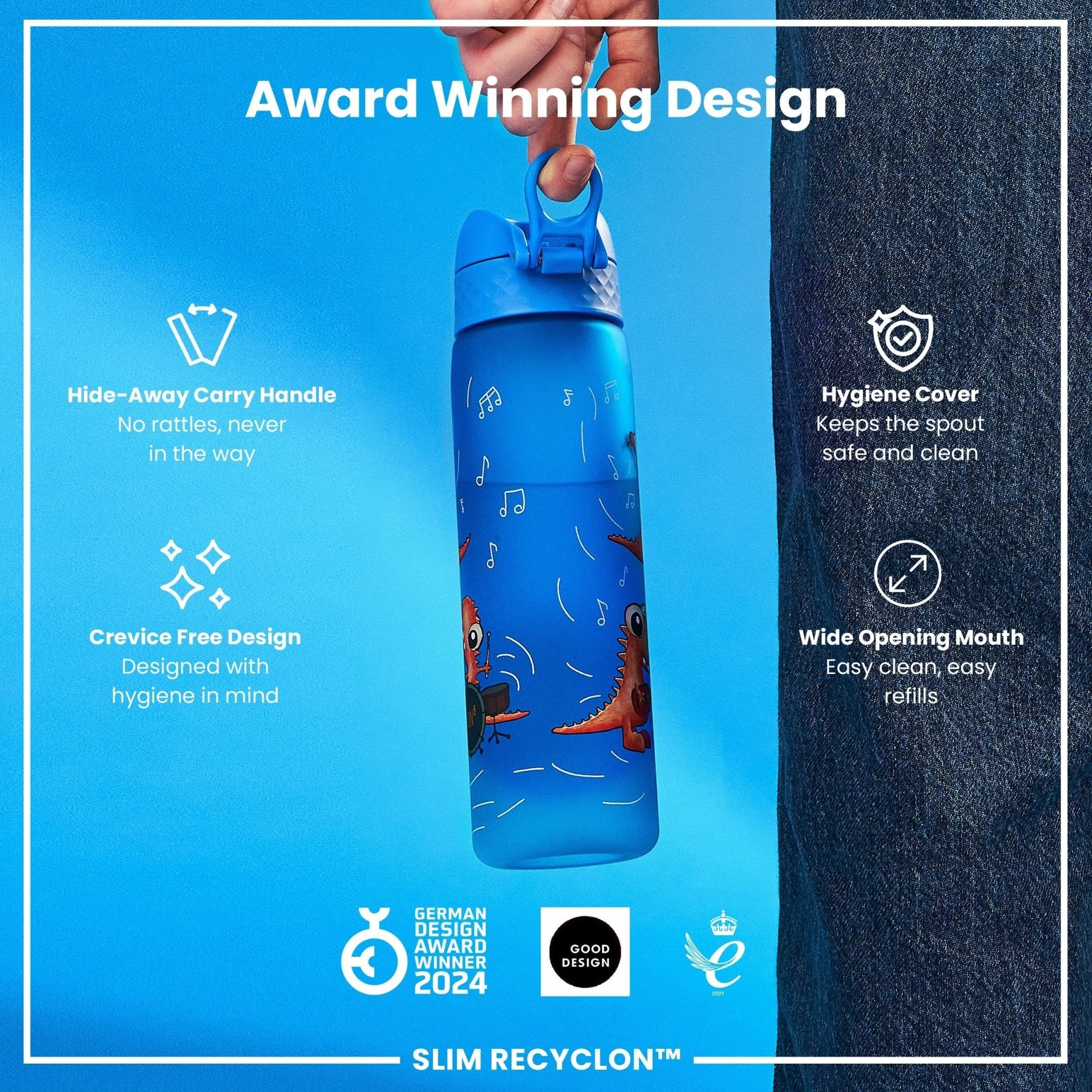 Ion8 Leak Proof Slim Water Bottle with Dino Band, 500ml recyclable Recyclon water bottle, designed for easy hydration on the go.