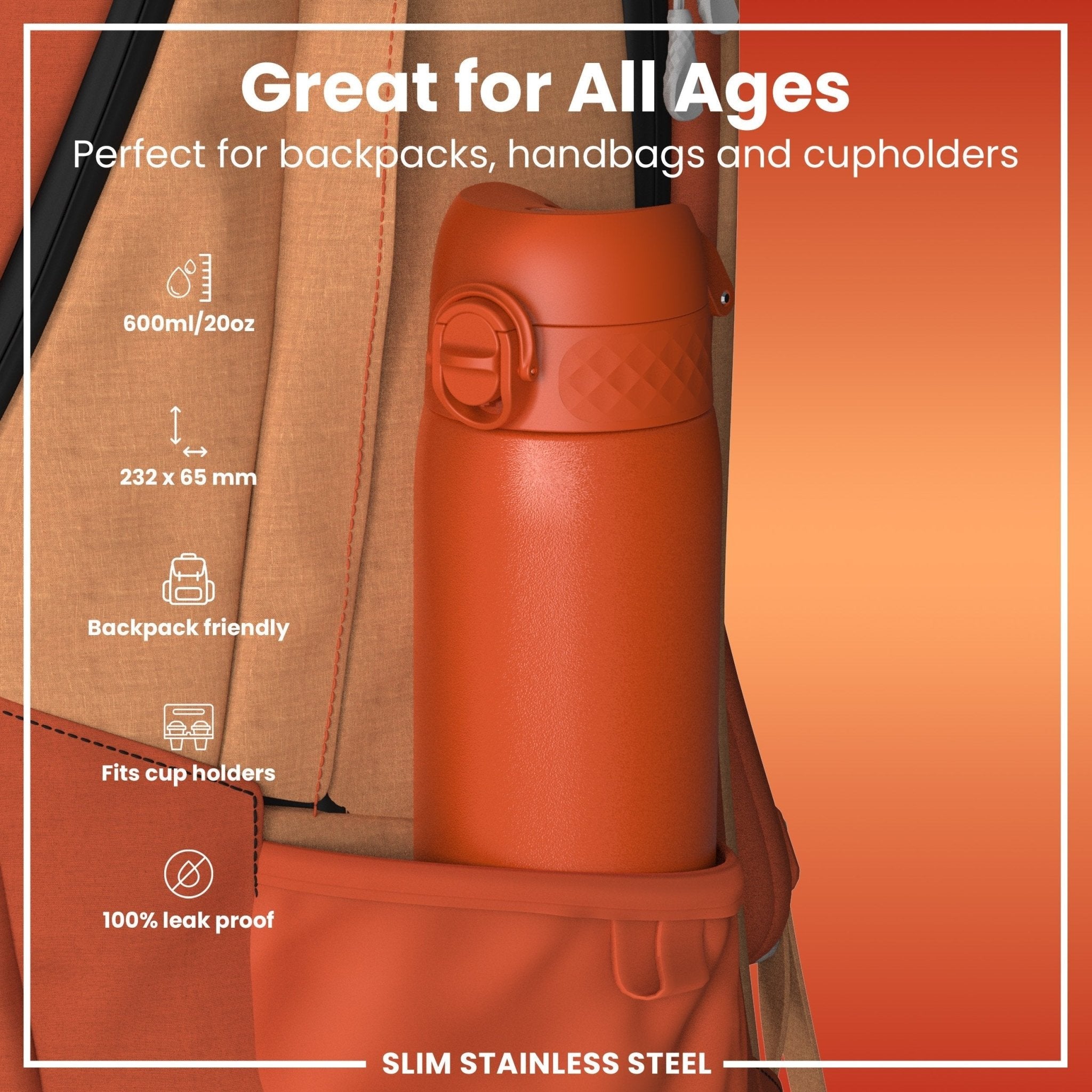 ION8 leak-proof slim stainless steel water bottle in hearty orange, 600ml (20oz), with a sleek design and secure lid.