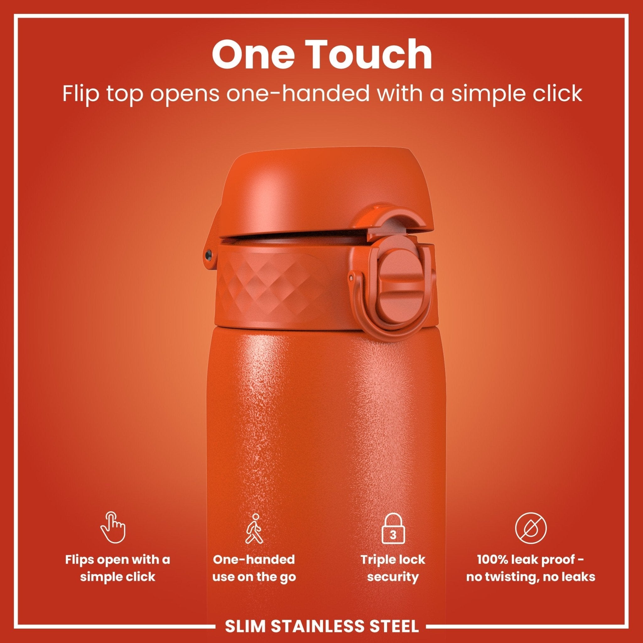 ION8 stainless steel leak-proof slim water bottle in hearty orange, 600ml (20oz), designed for durable hydration.