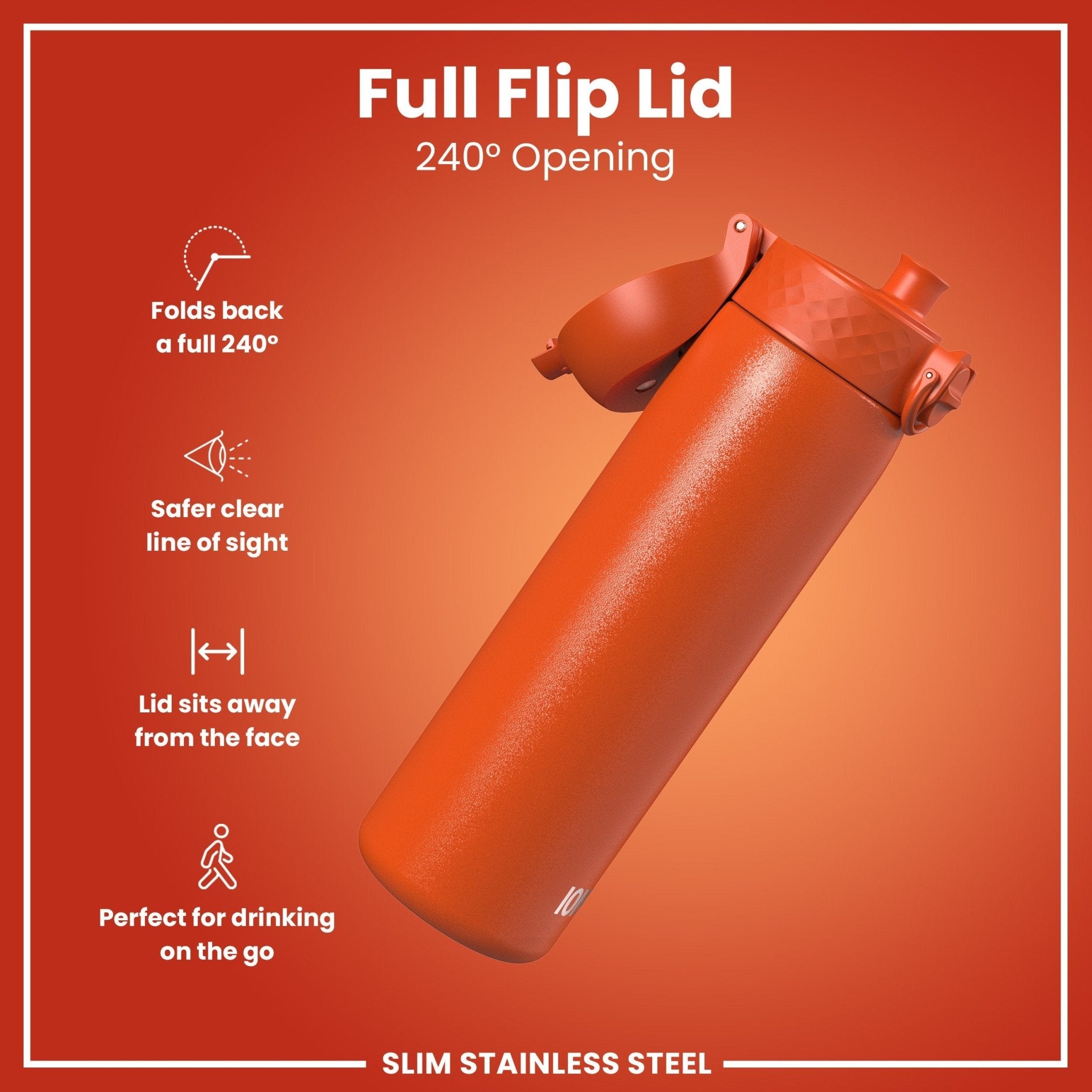 Ion8 leak-proof slim stainless steel water bottle in hearty orange, 600ml (20oz), designed for durable hydration on the go.