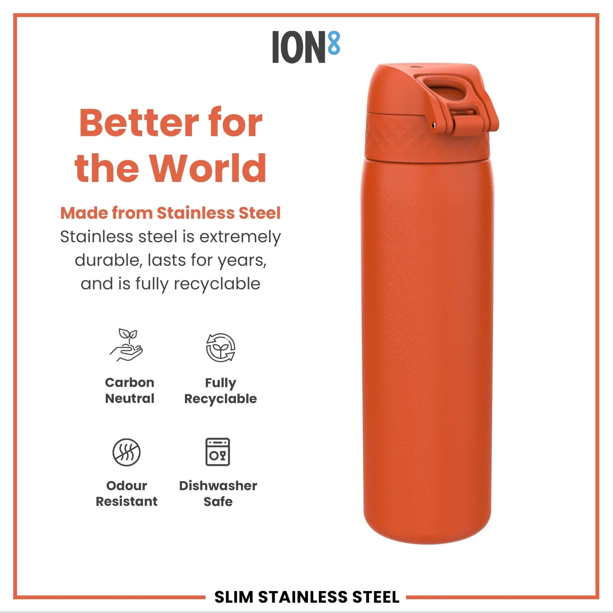 ION8 leak-proof slim stainless steel water bottle in hearty orange, 600ml (20oz), with a sleek design and secure lid.