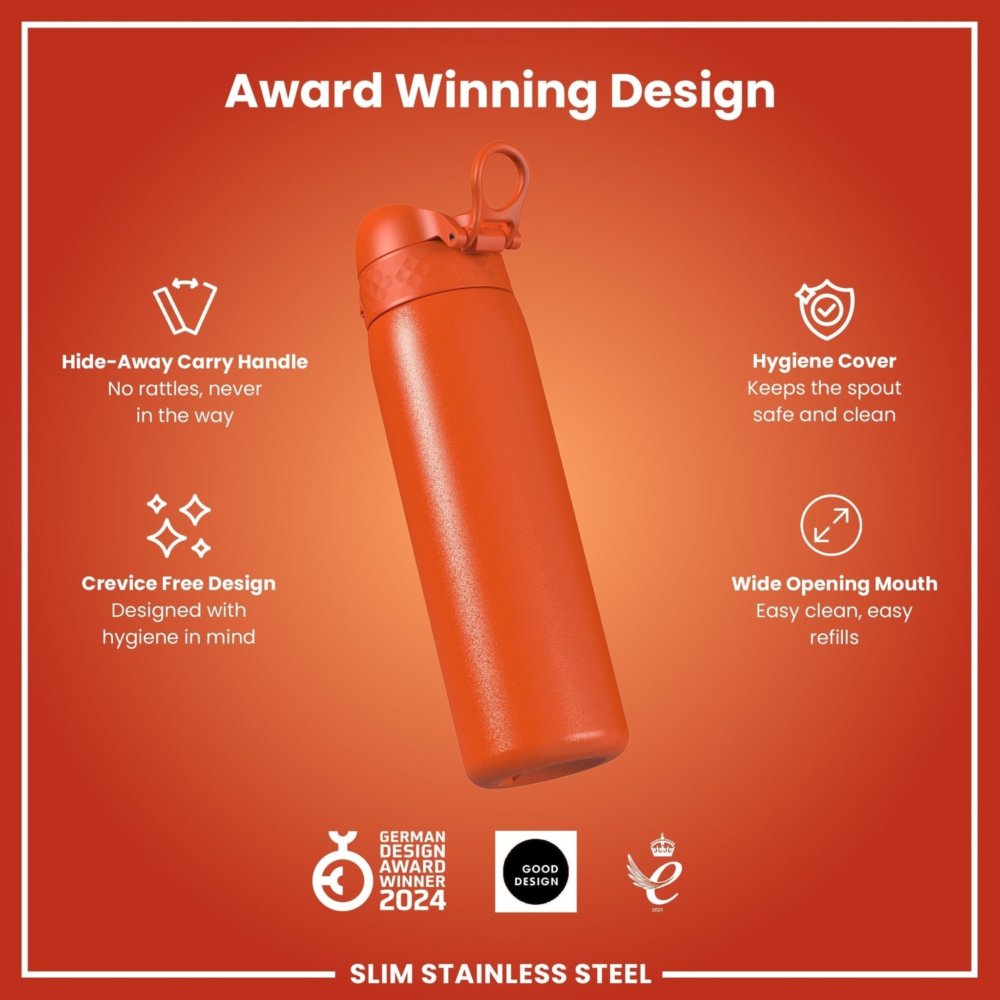 ION8 leak-proof slim stainless steel water bottle in hearty orange, 600ml capacity, with a sleek design and secure lid.