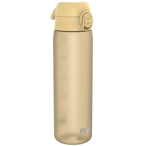 Ion8 Recyclon leak-proof slim water bottle in desert color, 500ml (18oz), made from recyclable materials, shown with cap and body.