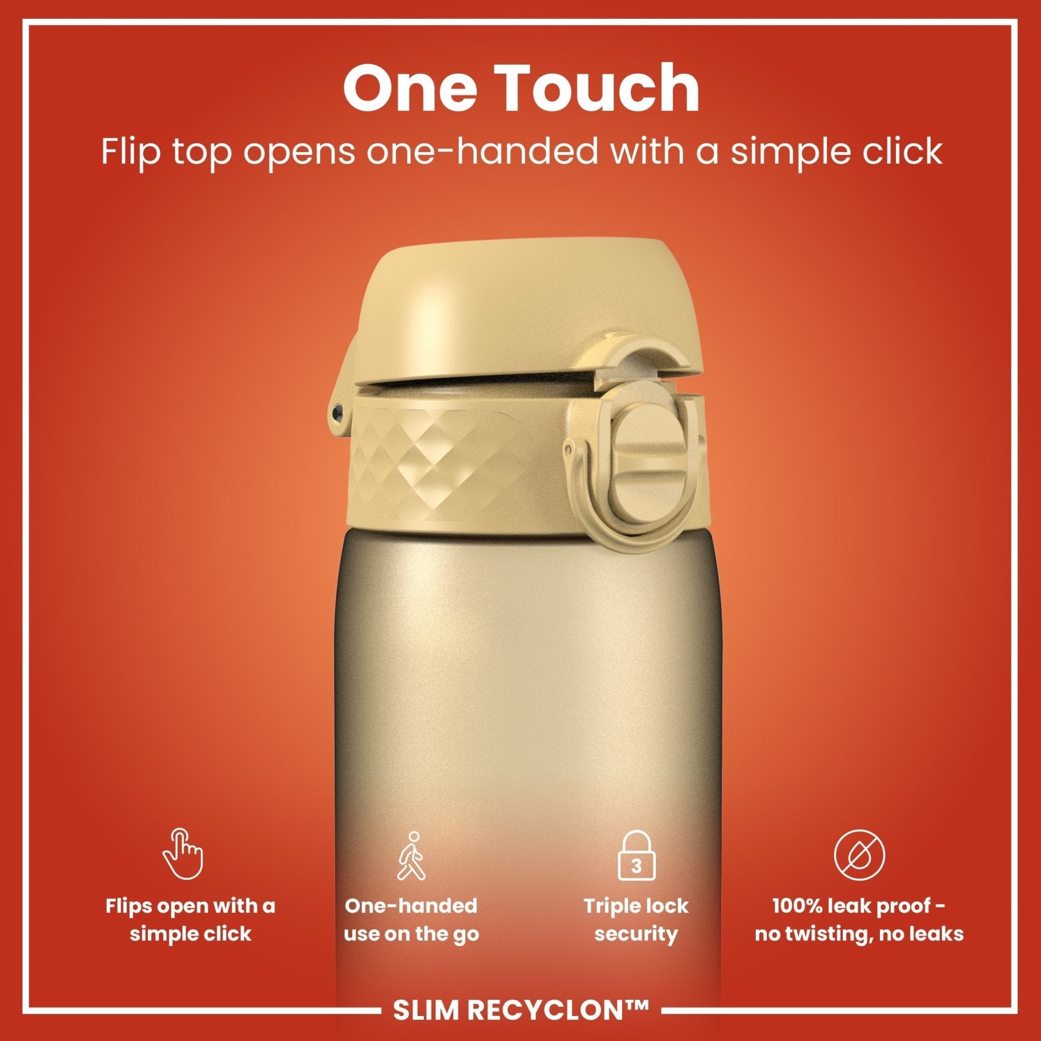 ION8 Recyclon leak-proof slim water bottle in desert color, 500ml (18oz), made from recyclable materials, displayed on a plain background.